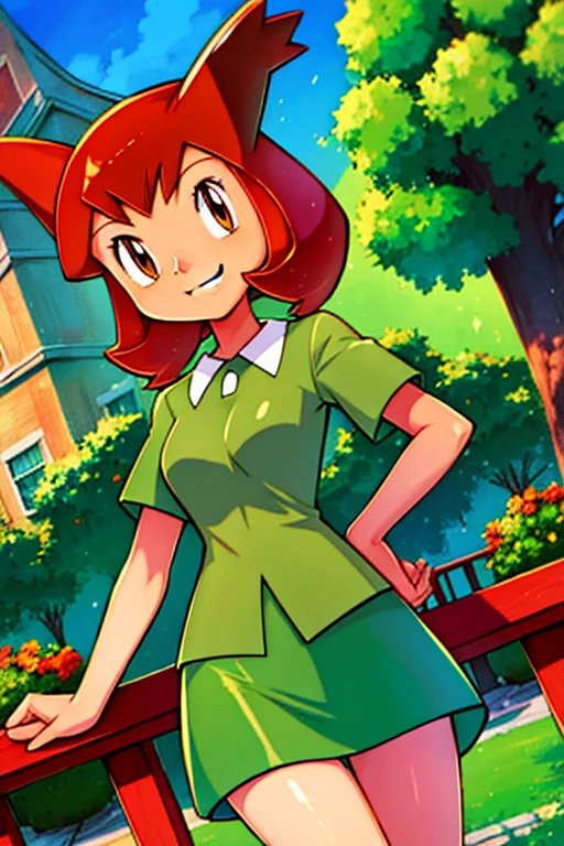 bianca (pokemon heroes), bianca outfit (pokemon heroes), anime, masterpiece, best illustration, 2d, very high resolution, 1girl, garden location, smile