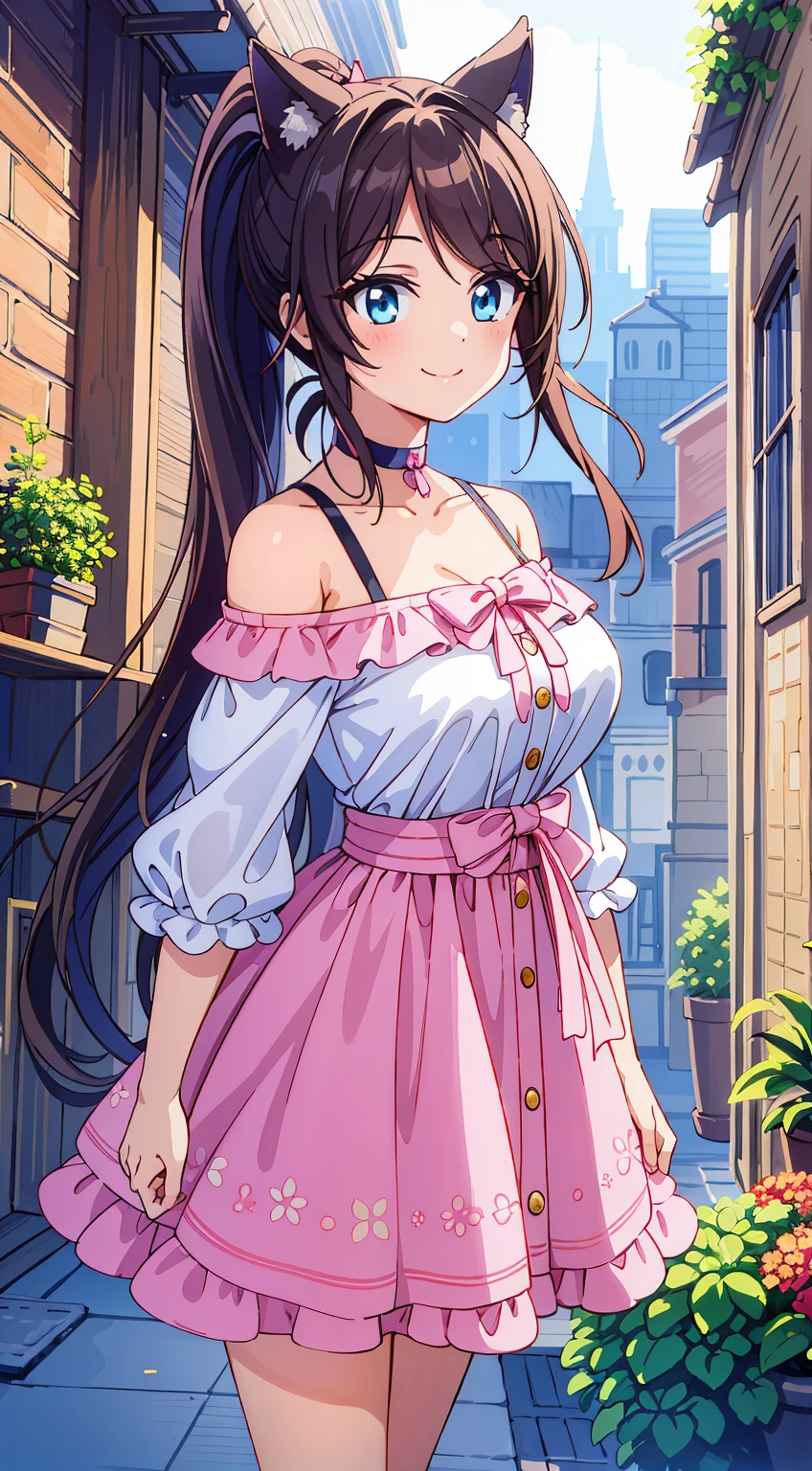 (Absurd realistic structure details),(High resolution complex and detailed text quality),(High-resolution microstructure、High Poly 3D Rendering Correction),Methods of geometry,Careful explanatory anatomy,
BREAK,
1 beautiful girl, (17 years old girl), Very detailed, colourfull, highest details, BREAK, (Huge breasts: 1. 2,), Clear skin, Beautiful skin, Shy skin, 1 beautiful girl, Brown hair, (Cat ears, Ponytail, medium-Long hair: 1. 2), (Light blue eyes, long eyelashes, Double eyelids: 1. 2),Solo,gleaming skin, Clear skin, Beautiful skin(best quality face),(Top quality glowing eyes),(The best smile,Doya face:1.45), BREAK (Pink Theme:1.4), (Vivid colors:1.3), (off shoulder shirt, White shirt, Puffy Short Sleeves:1.3), Belt bag,(Skirt, with floral pattern:1.2),tie,(lace-up boots:1.1),
BREAK,(early evening),Walking,a closed mouth,(architecture, building, Choker, city, Cityscape, Outdoors, potted plant,Street, Town:1.55), Waterfall,depth of fields,
BREAK,wakame,wakame,wakame,(Dynamic Angle:1.4),
BREAK,(Blurry background:1.3),(absurderes, hight resolution, Super Detail Art),cel shading,Clear Color, Lonely optical effect, Beautiful pictures, Bright glow, mystic atmosphere,(Close-up of girl:1.1), Mystical light particle effect,manga influence, clean line drawings,