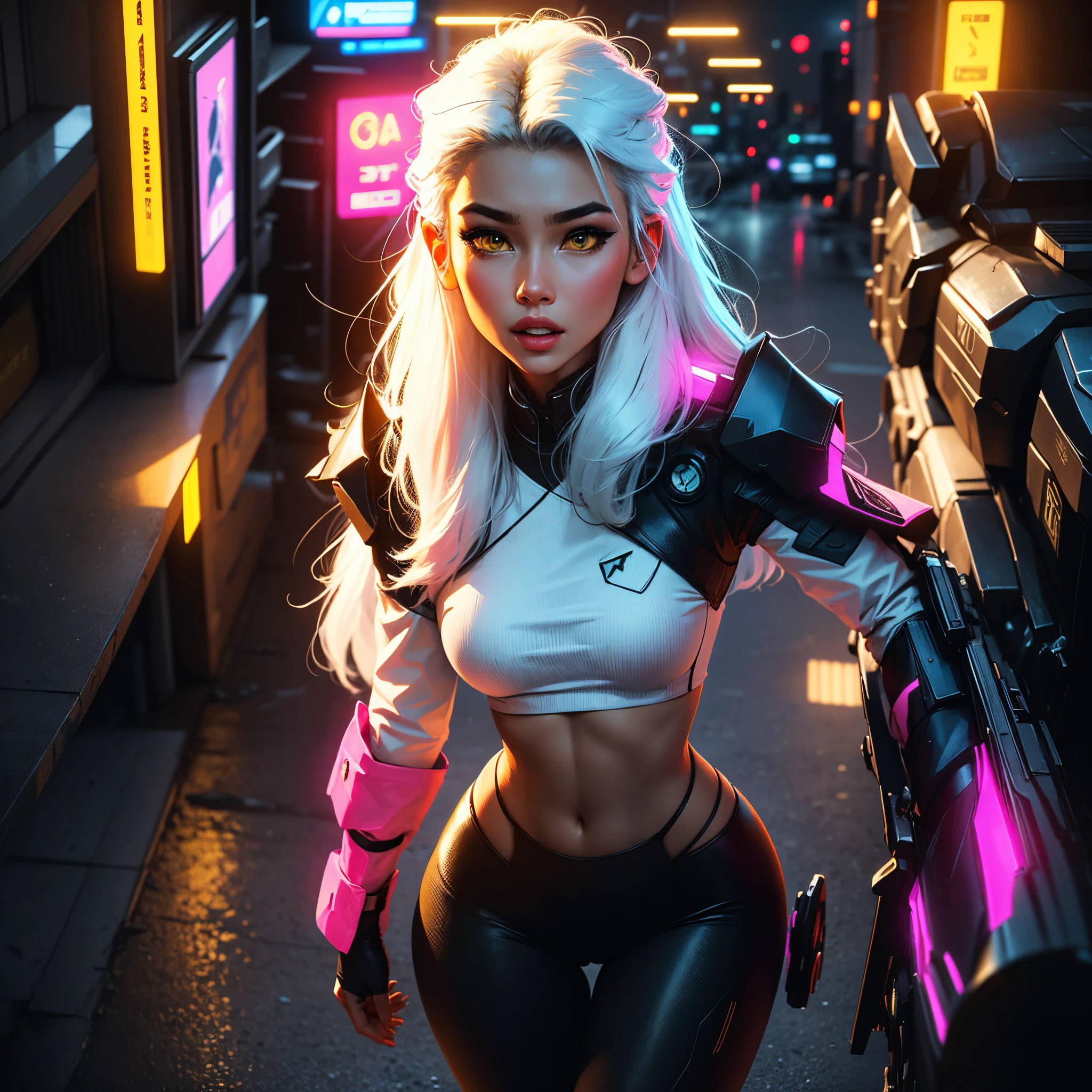 Pretty, Woman, Sexy face, Yellow eyes, White hair, Slim body, Sexy Pose, Pink tights, mechs, Neon sign, Led Night City, Seen from above, High quality, Realistic, Beautiful light, full detail, Black background