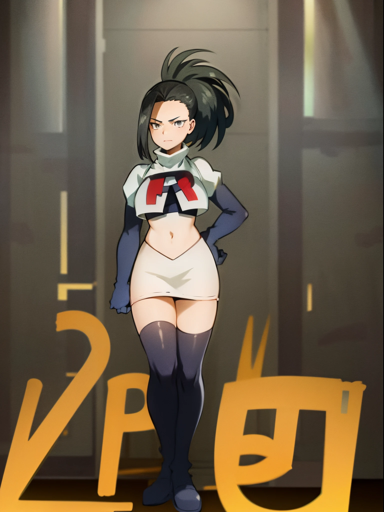 masterpiece, best quality, yaoyorozu momo, 1girl, black eyes, black hair, ponytail, long hair, hair pulled back,team rocket,team rocket uniform, red letter R, white skirt,white crop top,black thigh-highs,black elbow gloves