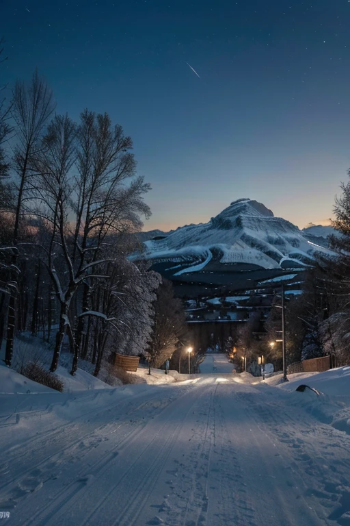 (best quality,4k,8k,highres,masterpiece:1.2),ultra-detailed,(realistic,photorealistic,photo-realistic:1.37),snow-covered landscape,icy cold environment,winter wonderland,serene atmosphere,loneliness,solitude,mesmerizing night sky,star-filled sky,long road stretching into the distance,car head lights illuminating the path,a sense of adventure,frosty trees lining the road,magical winter aura,faint sound of crunching snow underfoot,distant mountains covered in snow,icy breath visible in the air,moonlight casting a soft glow on the surroundings