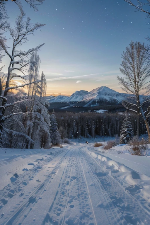 (best quality,4k,8k,highres,masterpiece:1.2),ultra-detailed,(realistic,photorealistic,photo-realistic:1.37),snow-covered landscape,icy cold environment,winter wonderland,serene atmosphere,loneliness,solitude,mesmerizing night sky,star-filled sky,long road stretching into the distance,car head lights illuminating the path,a sense of adventure,frosty trees lining the road,magical winter aura,faint sound of crunching snow underfoot,distant mountains covered in snow,icy breath visible in the air,moonlight casting a soft glow on the surroundings