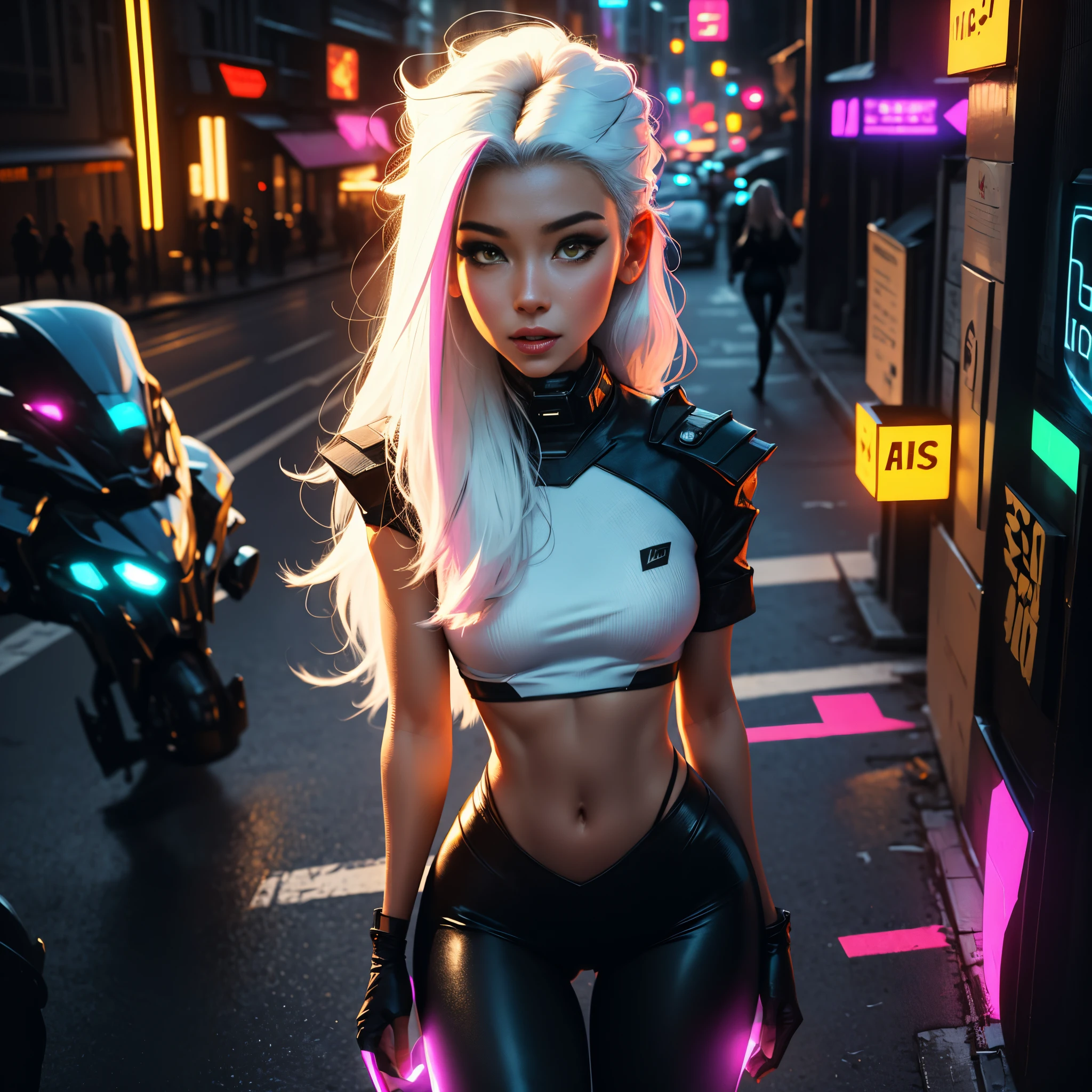 Pretty, Woman, Sexy face, Yellow eyes, White hair, Slim body, Sexy Pose, Pink tights, mechs, Neon sign, Led Night City, Seen from above, High quality, Realistic, Beautiful light, full detail, Black background