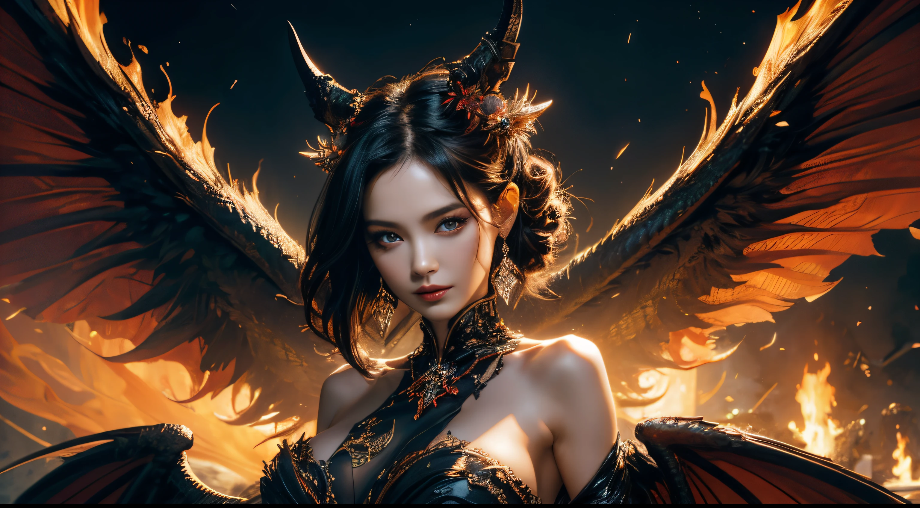 hyper HD，Raised sexy，A mature woman，Dragon's Horn，Large breasts，Black feathered wings，（Medium portrait：1.8），With volcano as background，Hellfire，mystic symbols，magia，theatrical