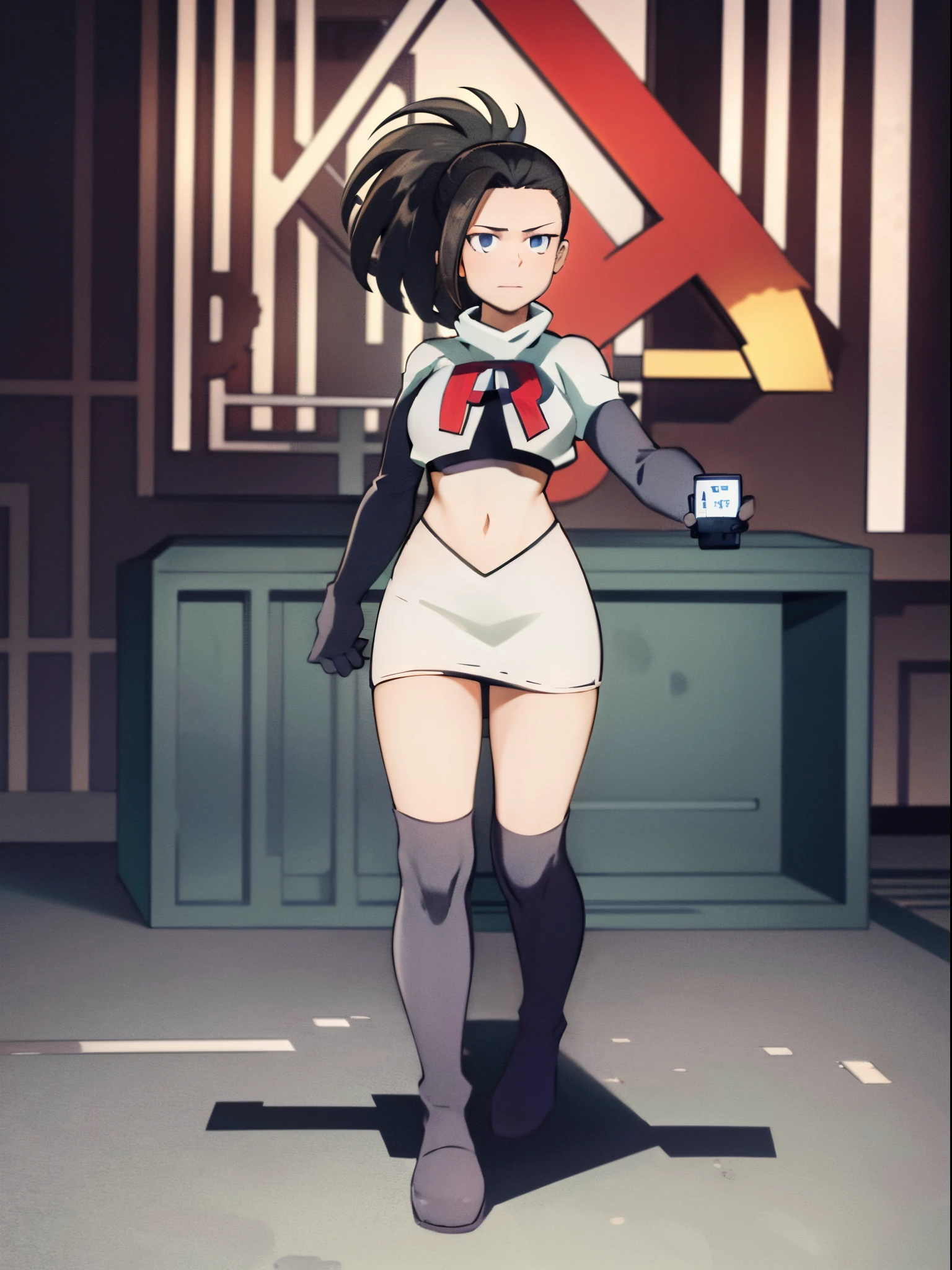 masterpiece, best quality, yaoyorozu momo, 1girl, black eyes, black hair,  ponytail, long hair, hair pulled back,team rocket,team rocket uniform, red letter R, white skirt,white crop top,black thigh-highs,black elbow gloves