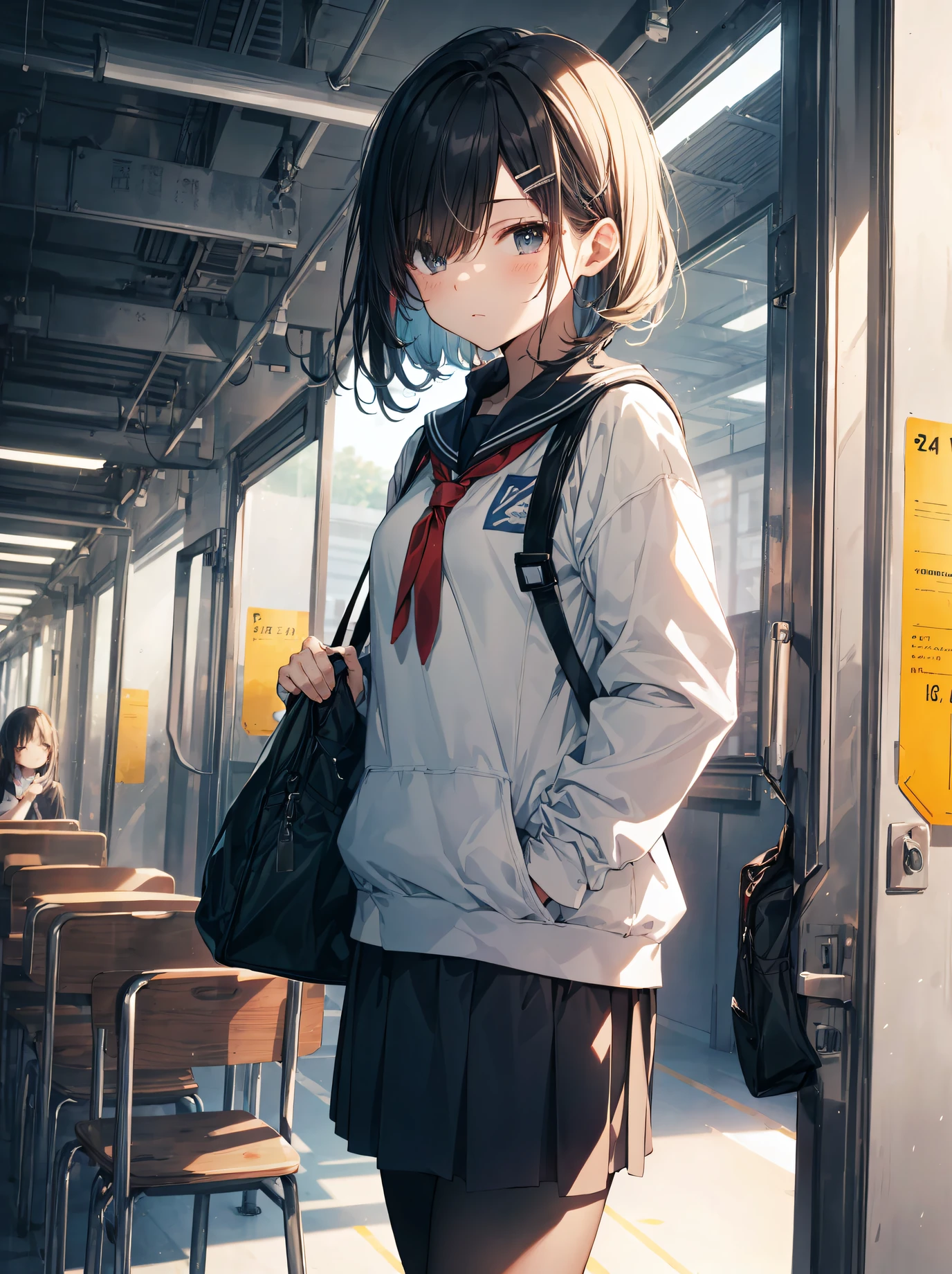 God quality, anime moe artstyle,best anime 8k konachan wallpaper,badass anime 8k,perfect anatomy, (Please draw a girl walking sleepily to school. ),break, 1girl, (Solo,Loli,child,13-year-old:1.3),a junior high school student, androgynous charm, Very Short hair,parted bangs,(hair over one eye), Full limbs, complete fingers,flat chest, Small butt, groin, Small eyes,finely detailed beautiful black eyes,disgusted eyes, hairclip, school Uniform, in the School commute route. break,ultra-detailed,high resolution,super detailed skin, professional lighting,8k eye details, (cool illustration:1.2),