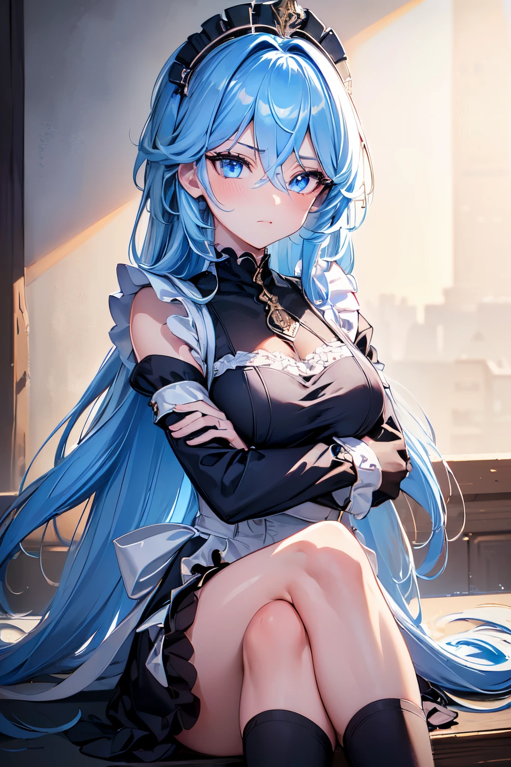 (*****, top-quality, 8K, masterpiece, Top image quality, Hi-Res, super detailing, Ultra HD, best quality, detailed background, (hyper detailed, intricate detail, Detailed hair ++, detailed eyes ++, raytracing, perfect shadow, enhanced eyes), (Delicate and smooth skin, real looking skin, Perfect and beautiful face ,Perfect and cute face, high detail skin, Perfect limbs)),, girl , black choker , blue eyes , blue hair , enmaided , long hair , maid , maid apron , maid headdress , solo , thighs , blushing, angry expression, arms crossed, medium breasts, looking at viewer, furina (genshin impact)