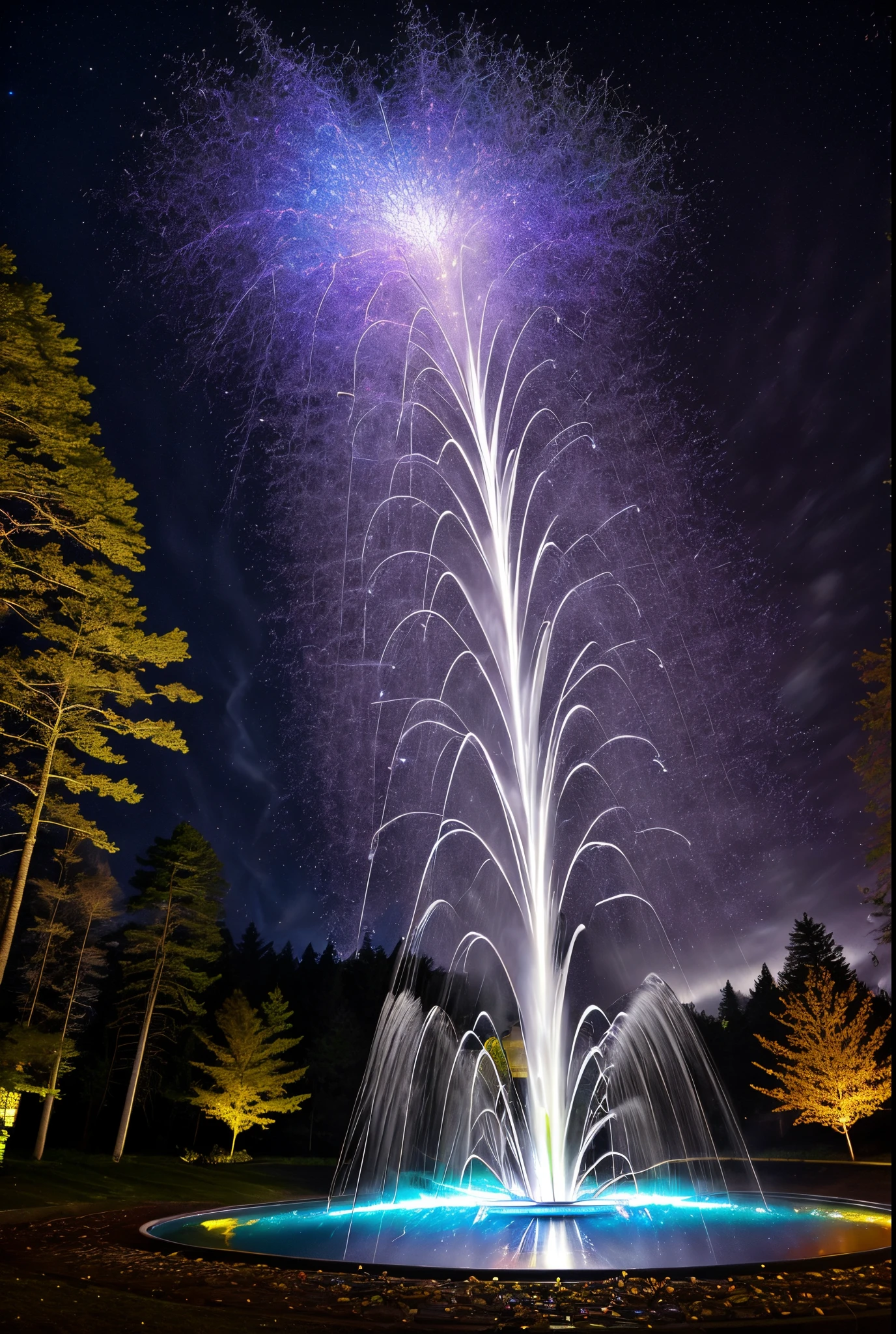 Brightly colored fountain that sprays water at night，Trees in the background, swirls of magic, swirling water cosmos, glowing swirling mist, Rotated, Spiral dripping gold, Mysterious vortex, long exposure shooting, vortex of energy, light paint, swirls of fire, electric vortex, slow exposure hdr 8k, Long exposure photography