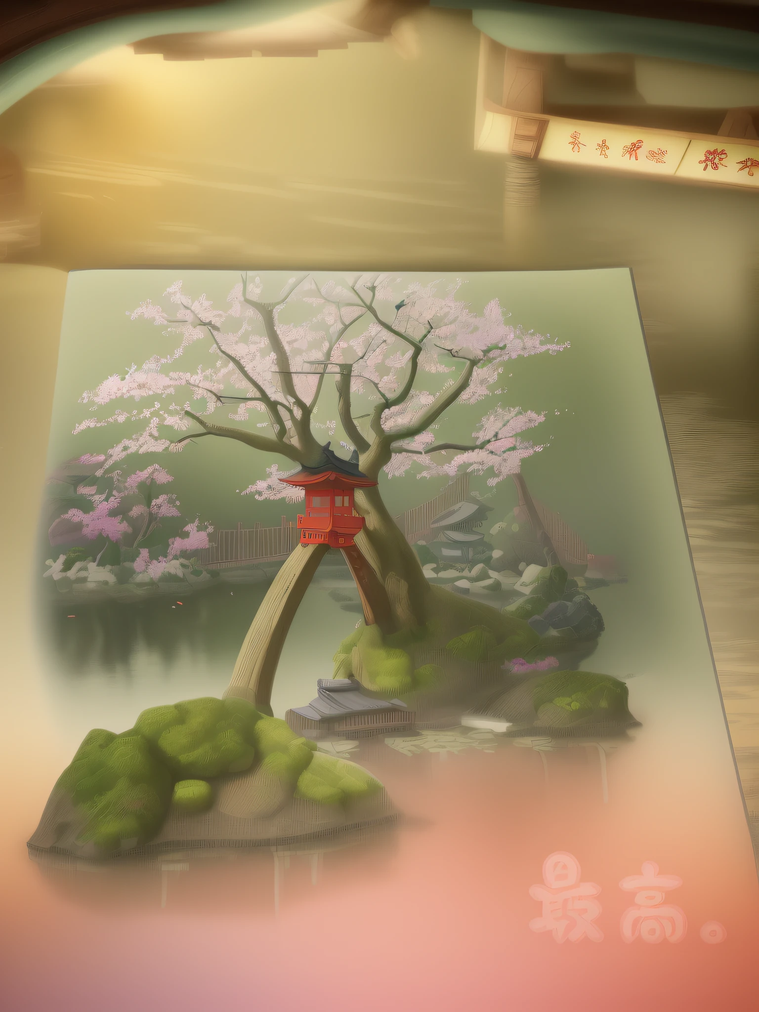 (digitial painting),(Best quality at best), Tranquil Japanese garden, Sakura blossoms, Koi pond, Footbridge, pagoda, Ukiyo-e art style, Katsushika Hokusai's inspiration, unusual art pop, 8K hyper-realism, Pastel color scheme, gentlesoftlighting, golden time, peacefulatmosphere, Transverse