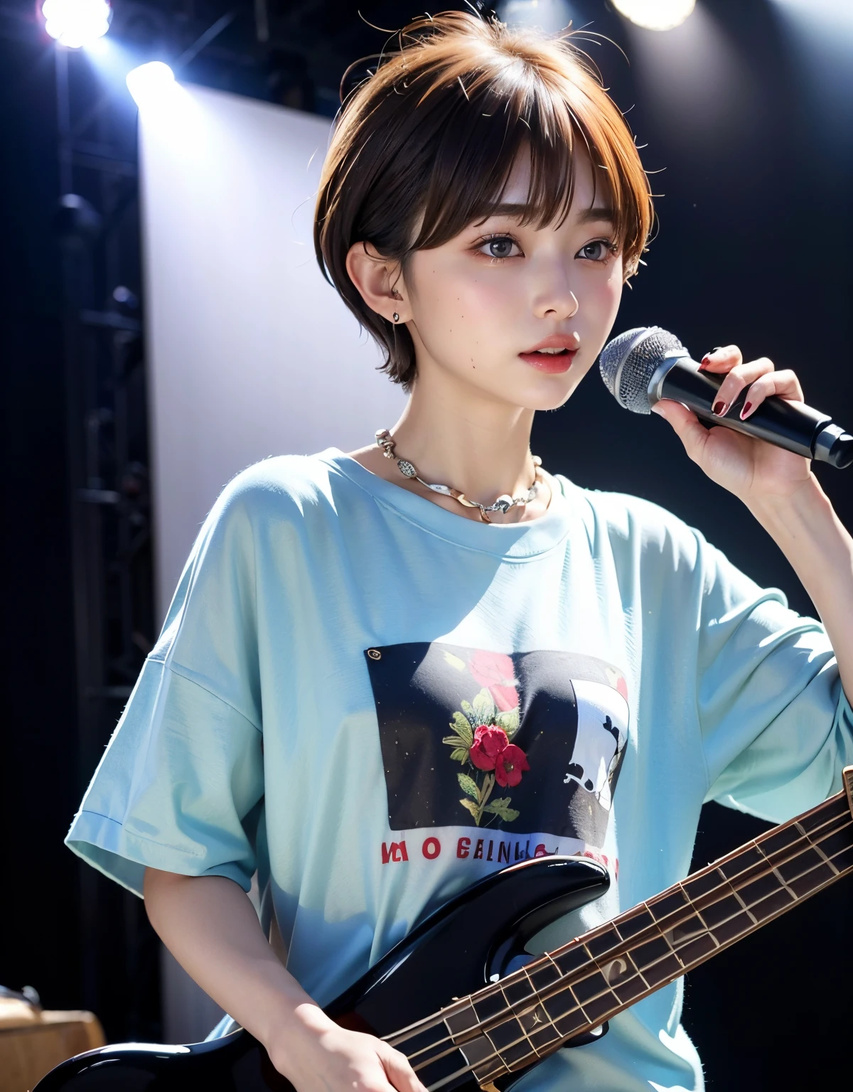 ((top-quality))、(​masterpiece:1.4)、Raw photography、8K、((Top image quality))、 ((hight resolution))、Beautiful face in every detail、Realistic human skin、Gentle expression、(One lady:1.3 )、realisitic、Photorealsitic、(extra very short hair:1.4)、(Beautuful Women)、(cute Japanese girls)、(boyish:1.3)、(mannish)、((Pretty Woman))、(Beautiful hair)、((dark brown  hair))、(((Red cheeks)))、((Her eyes are big))、20-year-old beauty、(her face is small:1.7)、small head、((long neck))、pale skin、Spot-free skin、With bangs、Everyone longs for、japanese beautiful woman、eight heads high、(a necklace)、(music festival:1.4)、blue-sky、singers、(Concert T-shirt)、smil、(Oversized clothes:1.3)、Happy look、(bass guitar:1.3)、(On stage:1.3)、blue-sky、Stand Microphone、