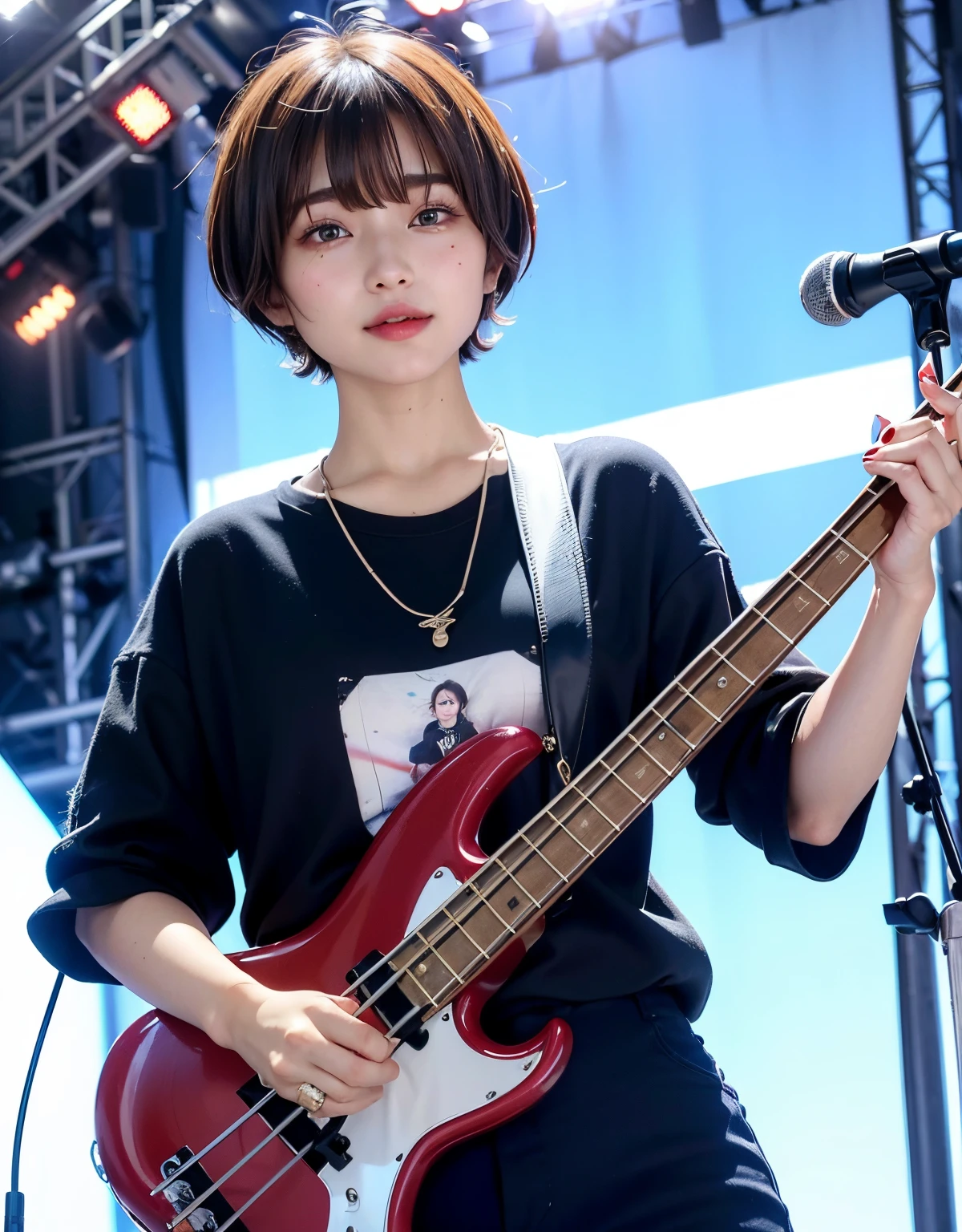 ((top-quality))、(masterpiece:1.4)、Raw photography、8K、((Top image quality))、 ((hight resolution))、Beautiful face in every detail、Realistic human skin、Gentle expression、(One lady:1.3 )、realisitic、Photorealsitic、(extra very short hair:1.4)、(Beautuful Women)、(cute Japanese girls)、(boyish:1.3)、(mannish)、((Pretty Woman))、(Beautiful hair)、((dark brown hair))、(((Red cheeks)))、((Her eyes are big))、20-year-old beauty、(her face is small:1.7)、small head、((long neck))、pale skin、Spot-free skin、With bangs、Everyone longs for、japanese beautiful woman、eight heads high、(a necklace)、(music festival:1.4)、blue-sky、singers、(Concert T-shirt)、smil、(Oversized clothes:1.3)、Happy look、(bass guitar:1.3)、(On stage:1.3)、blue-sky、Stand Microphone、