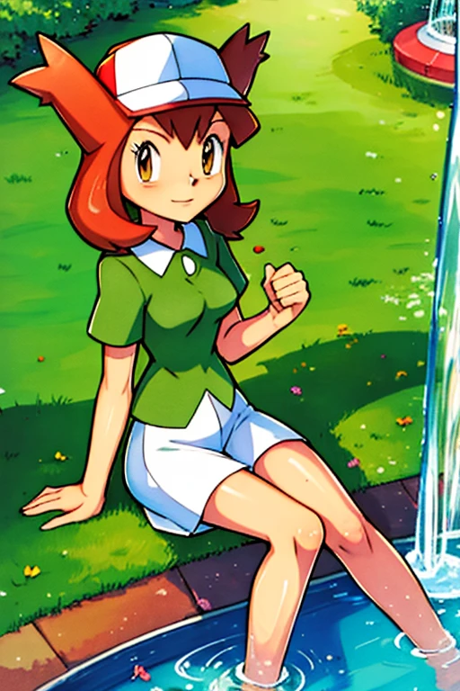 bianca (pokemon heroes), bianca outfit (pokemon heroes), anime, masterpiece, best illustration, 2d, high resolution, high quality, 1 girl, sitting down, next to a fountain.