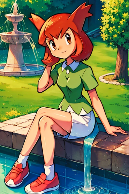 bianca (pokemon heroes), bianca outfit (pokemon heroes), anime, masterpiece, best illustration, 2d,  high resolution, high quality, 1 girl, sitting down, next to a fountain.