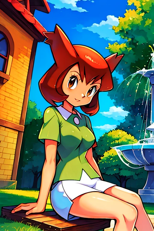 bianca (pokemon heroes), bianca outfit (pokemon heroes), anime, masterpiece, best illustration, 2d,  high resolution, high quality, 1 girl, sitting down, next to a fountain.