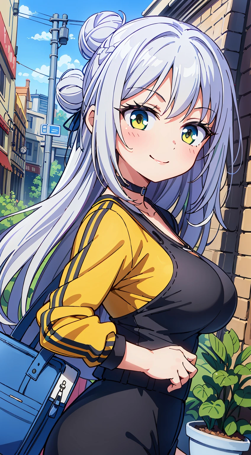 (Absurd realistic structure details),(High resolution complex and detailed text quality),(High-resolution microstructure、High poly 3 boobs boobs D rendering correction),Methods of geometry,Careful explanatory anatomy,
BREAK,
1 beautiful girl, 1girl in, (Cute:1.5),(Cool:0.8), (Beauty:1.5),(Chibi:0.5), ( girl), (girl, Older sister, Unclear, Beautiful face of Japan:1.2) BREAK, (A detailed eye,Tsuriformes:1.2),(Silver hair,Long hair in a bun,Deco:1.8), star eye silhouette, (long eyelashes, Double eyelids:1.2), cleavage, ,Swaying udder, Clear skin, Beautiful skin, Shy, Erect ,Clear skin, Beautiful skin, Shy, gleaming skin,(best quality face),(Top quality glowing eyes),(The best smile,Doya face:1.45), BREAK (Pink Theme:1.4), (Vivid colors:1.3), (Yellow tracksuit, black line on the side, Yellow tracksuit with black lines on the sides, Bruce Lee, Lei Siu Long)1.3,
BREAK,(early evening),Walking,a closed mouth,(architecture, building, Choker, city, Cityscape, Outdoors, potted plant,Street, Town:1.55), Waterfall,depth of fields,
BREAK,wakame,wakame,wakame,(Dynamic Angle:1.4),
BREAK,(Blurry background:1.3),(absurderes, hight resolution, Super Detail Art),cel shading,Clear Color, Lonely optical effect, Beautiful pictures, Bright glow, mystic atmosphere,(Close-up of girl:1.1), Mystical light particle effect,manga influence, clean line drawings,