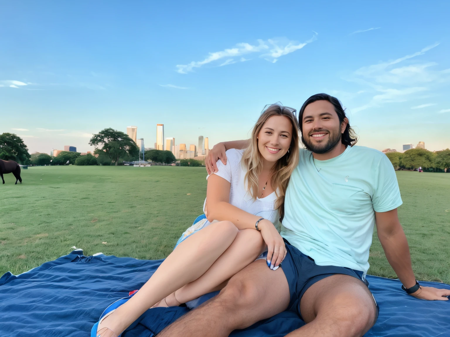 they are sitting on a blanket in a park with a horse in the background, park in background, with a park in the background, sitting on one knee on the grass, at the park on a beautiful day, grassy knoll, at a park, at the park, in a city park, in a large grassy green field, city skyline in the background, commissioned