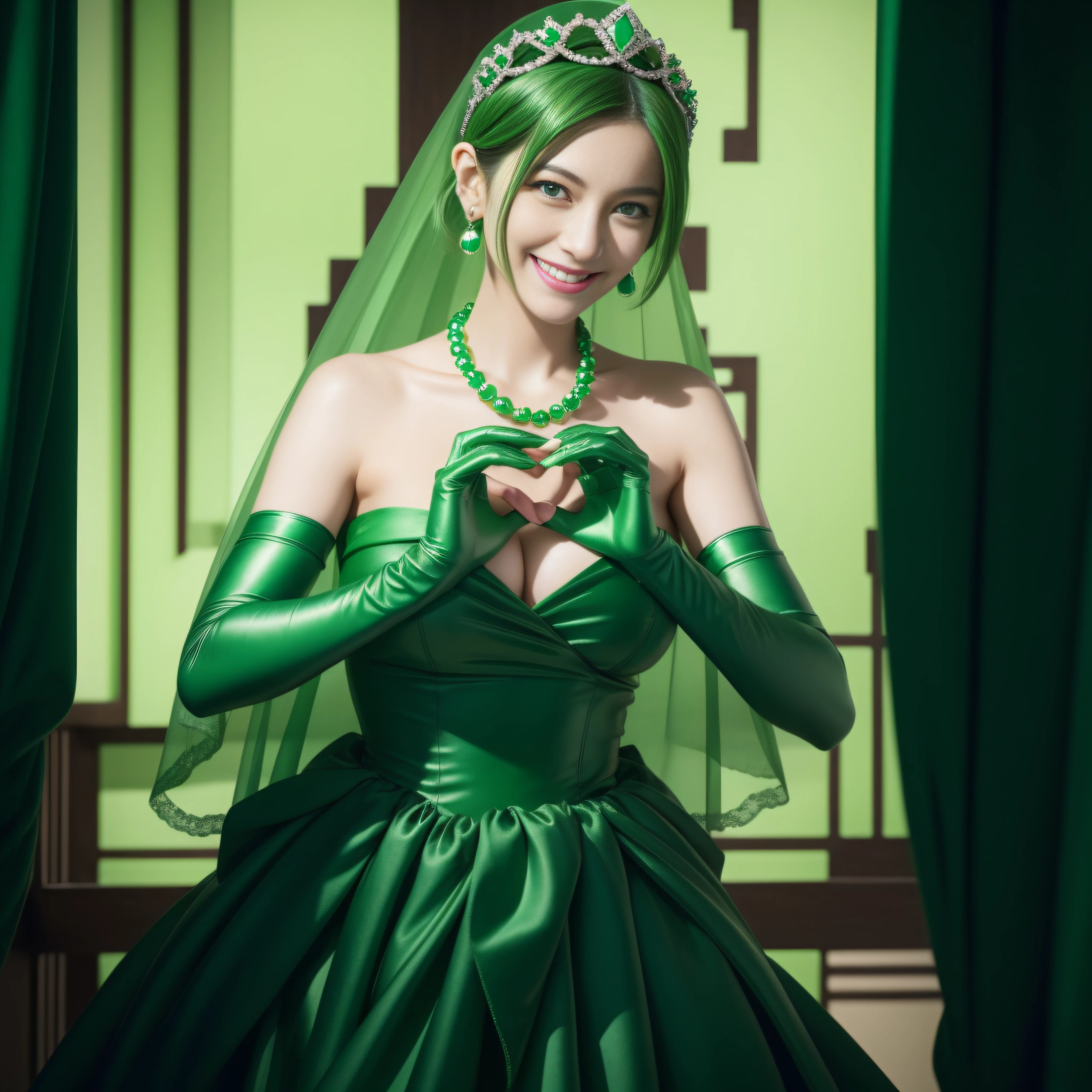 emerald tiara, Green Pearl Necklace, Boyish very short green hair, lipsticks, Japan woman smiling, very short short hair, big breasts beautiful, Green eyes, Long green gloves made of satin material, Green eyes, Emerald Earrings, green vale, Heart with both hands