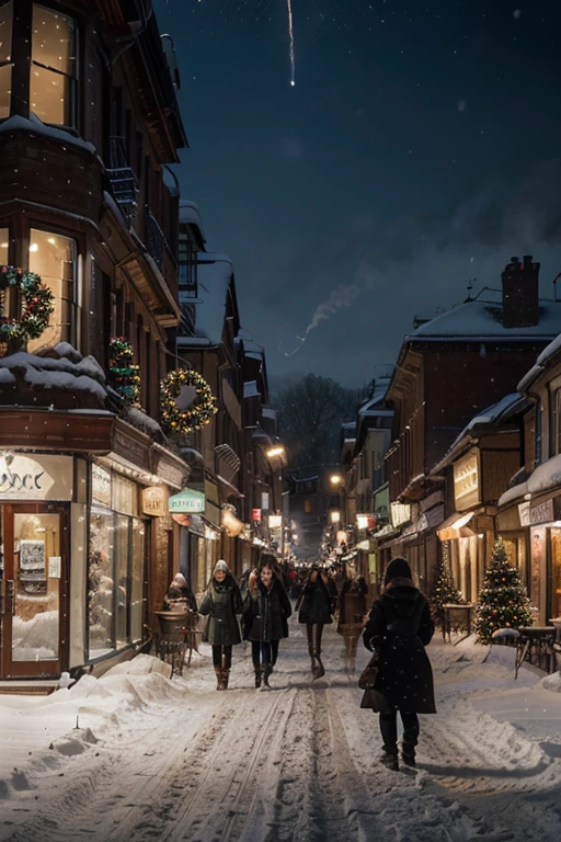 (best quality,4k,8k,highres,masterpiece:1.2),ultra-detailed,(realistic,photorealistic,photo-realistic:1.37),HDR,UHD,studio lighting,ultra-fine painting,sharp focus,physically-based rendering,extreme detail description,professional,cold wintry night,serene atmosphere,urban city buildings,residential skyscrapers,glistening snow-covered rooftops,wide and bustling road,festive Christmas decorations,happy pedestrians,joyful laughter,vibrant colors,holiday spirit,snowflakes falling gently from the sky,warmly lit storefronts,vehicles driving slowly through the streets,Christmas bells ringing in the distance,cozy cafes with steaming mugs of hot chocolate,smiling faces expressing excitement,winter wonderland