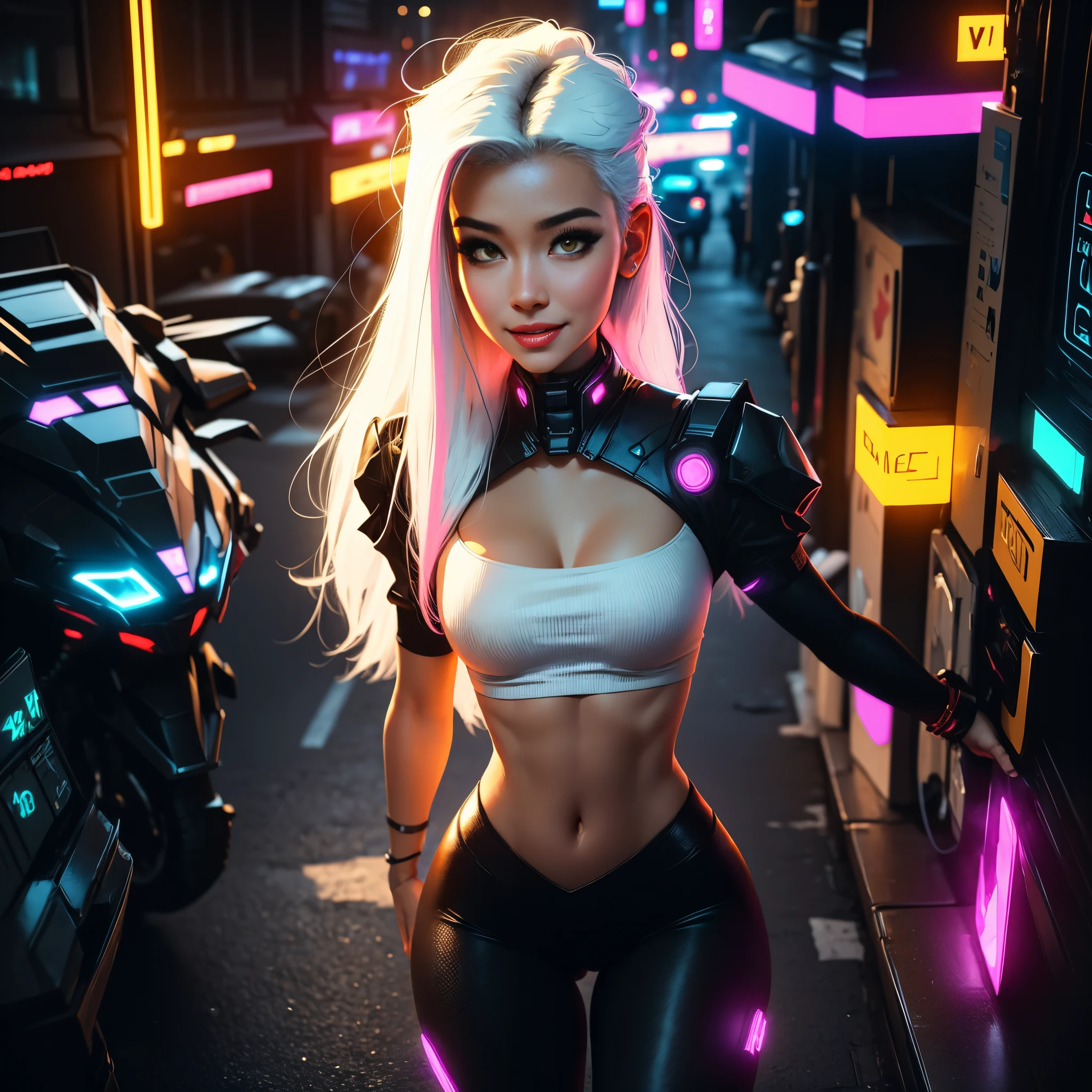Pretty, Woman, Sexy face, Yellow eyes, White hair, Slim body, sexy smile, Sexy Pose (breast), Pink tights, mechs, Neon sign, Led Night City, Seen from above, High quality, Realistic, Beautiful light, full detail, Black background