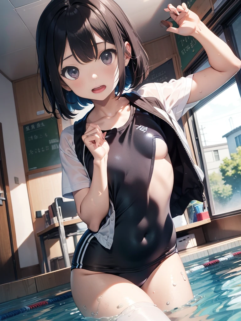 top-quality、Full limbs、complete fingers、Slender beauty、1 persons、School swim wear、swim wears、Ministry、bob cuts、In the middle of changing clothes、In the middle of taking off、embarassed expression