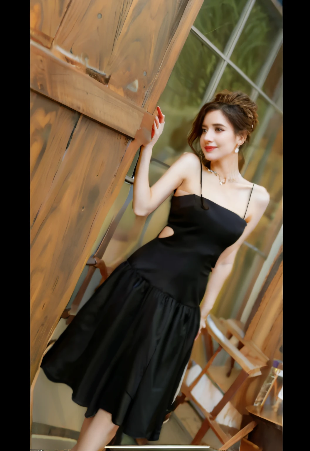 arafed woman in a black dress standing in front of a wooden door, black dress, cute black dress, dark black dress, tube-top dress, she is wearing a black dress, wearing black dress, wearing a black dress, sexy dress, dark black long dress, simple dress, light half opened dress, full black dress, dark dress, with black