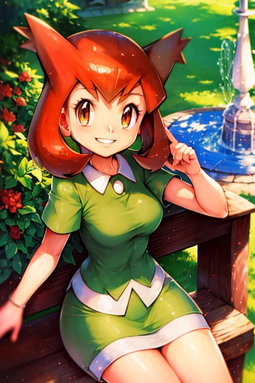 bianca (pokemon heroes), bianca outfit (pokemon heroes), anime, masterpiece, best illustration, 2d, high resolution, high quality, 1 girl, smile, sitting down, next to a fountain.