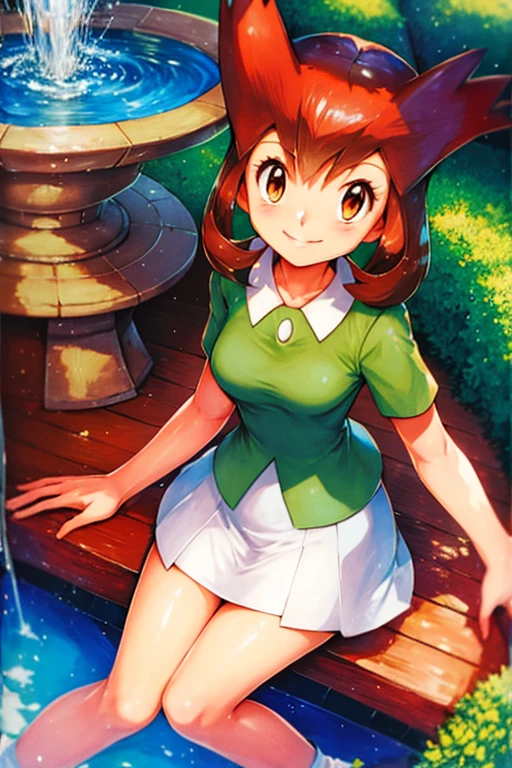 bianca (pokemon heroes), bianca outfit (pokemon heroes), anime, masterpiece, best illustration, 2d, high resolution, high quality, 1 girl, smile, sitting down, next to a fountain.