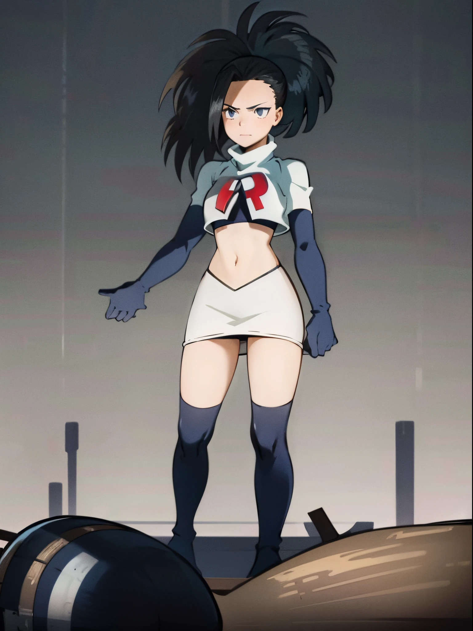 masterpiece, best quality, yaoyorozu momo, 1girl, black eyes, black hair,  ponytail, long hair, hair pulled back,team rocket,team rocket uniform, red letter R, white skirt,white crop top,black thigh-highs,black elbow gloves