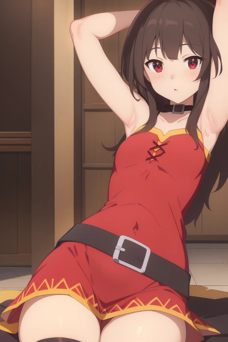 (nsfw 1.5) girl, Megumin, Megumin from Konosuba, small breasts, Konosuba anime art style,(((semi transparent camisole),  (((dark skin))),  looking at viewer, dark hallway, smiling, one eye closed, suggestive pose, bent over, downblouse, from below