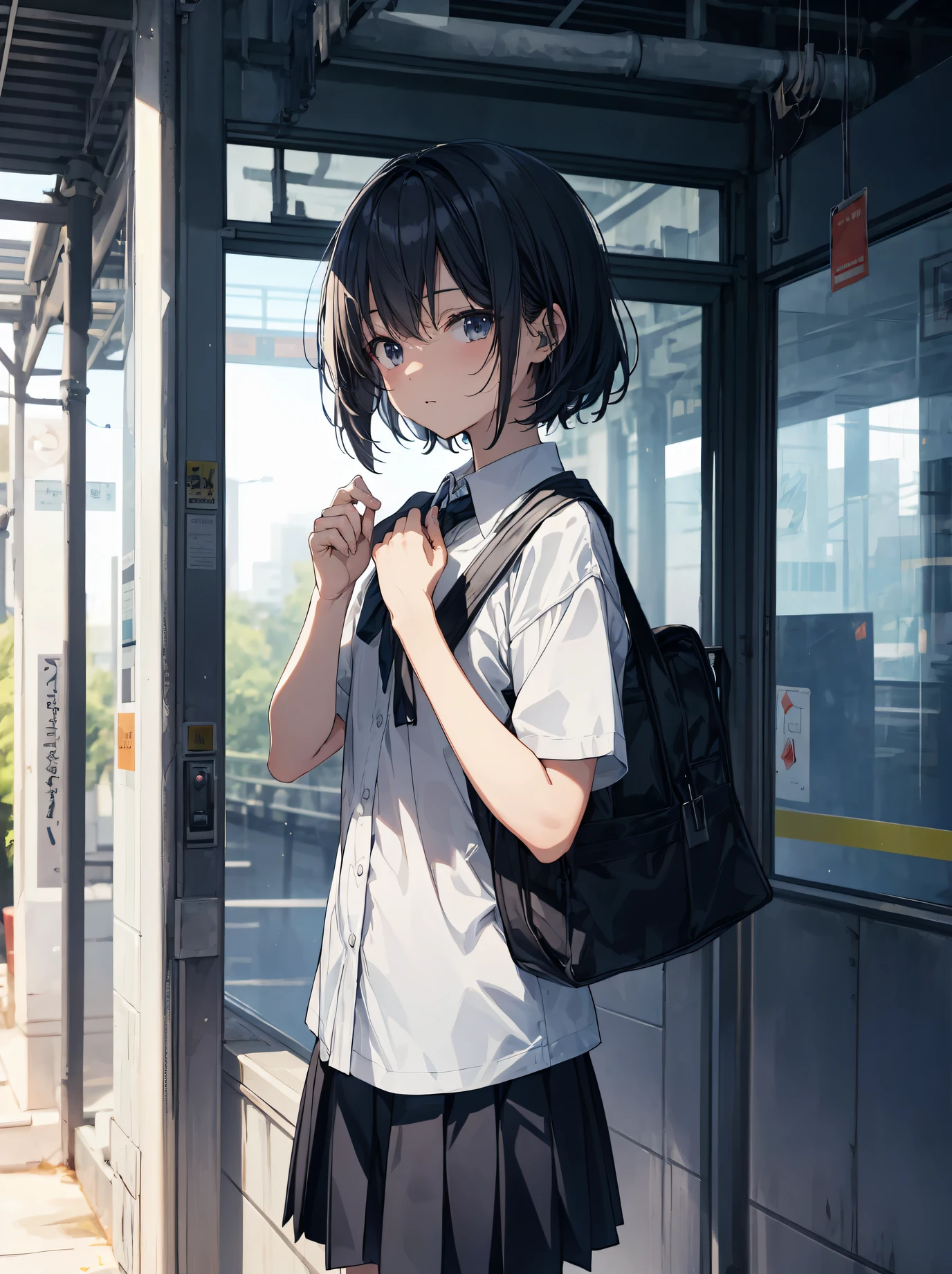 (child)，（​masterpiece，Highest Quality），Black Rucksack，black pleated miniskirt，shortsleeves，A dark-haired，Summer Classroom，The wind is blowing，In the train car