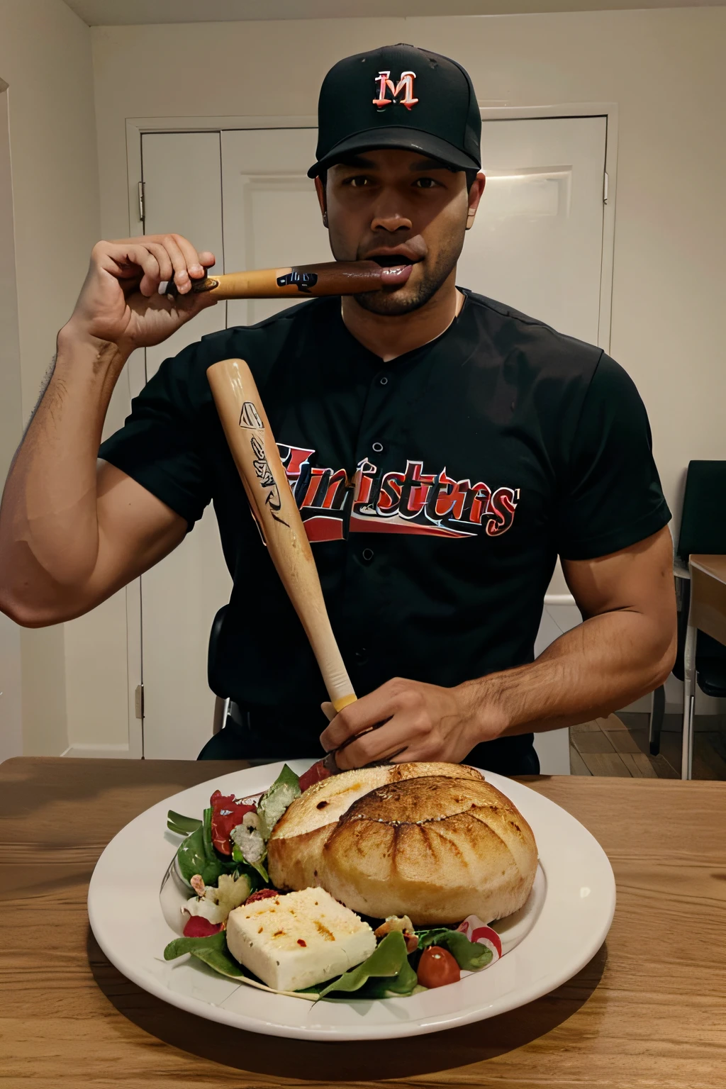 Um homem sentado em uma mesa de jantar, em cima da mesa tem uma salada, the man is raising a baseball bat to his mouth.