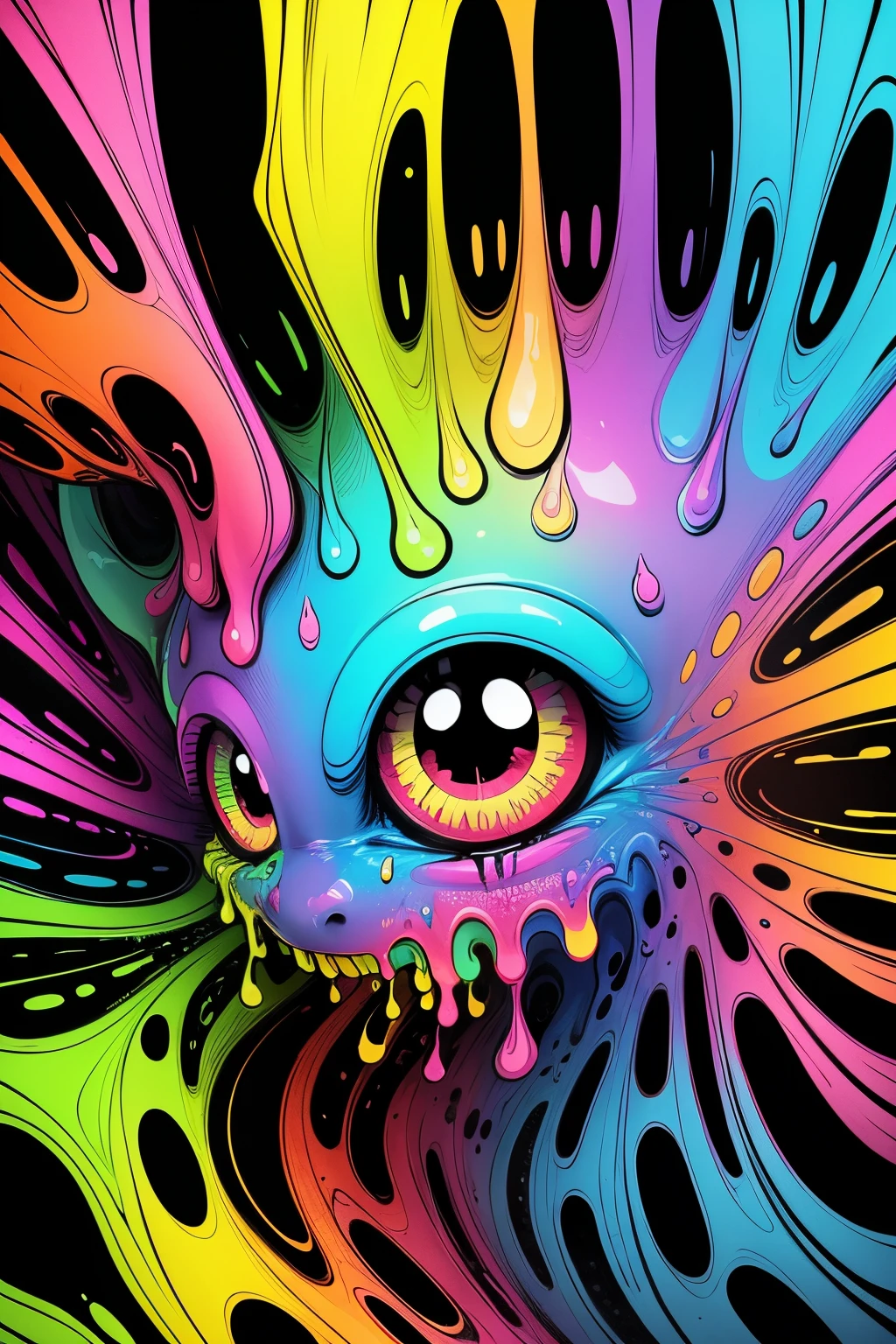 A drawing of a dripping monster with random features in a psychedelic and colorful cartoon style, acid style, colorful psychedelic background
