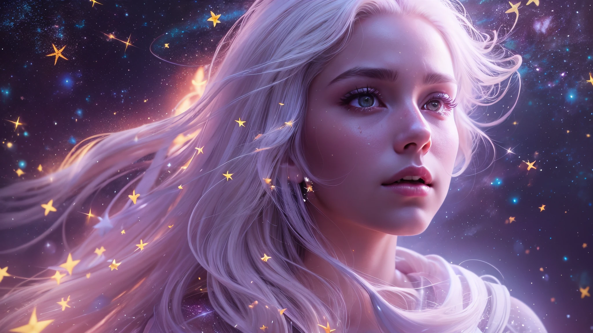 beautiful daughter of space ((flying)) among the cosmos, fire in her eyes, (shimmering skin))) made of stars, completely white long hair, cinema 4k, cinematic, ethereal, magical, cosmic, full body, high resolution, flying, sad face, dynamic flying pose, covered of stars, realistic