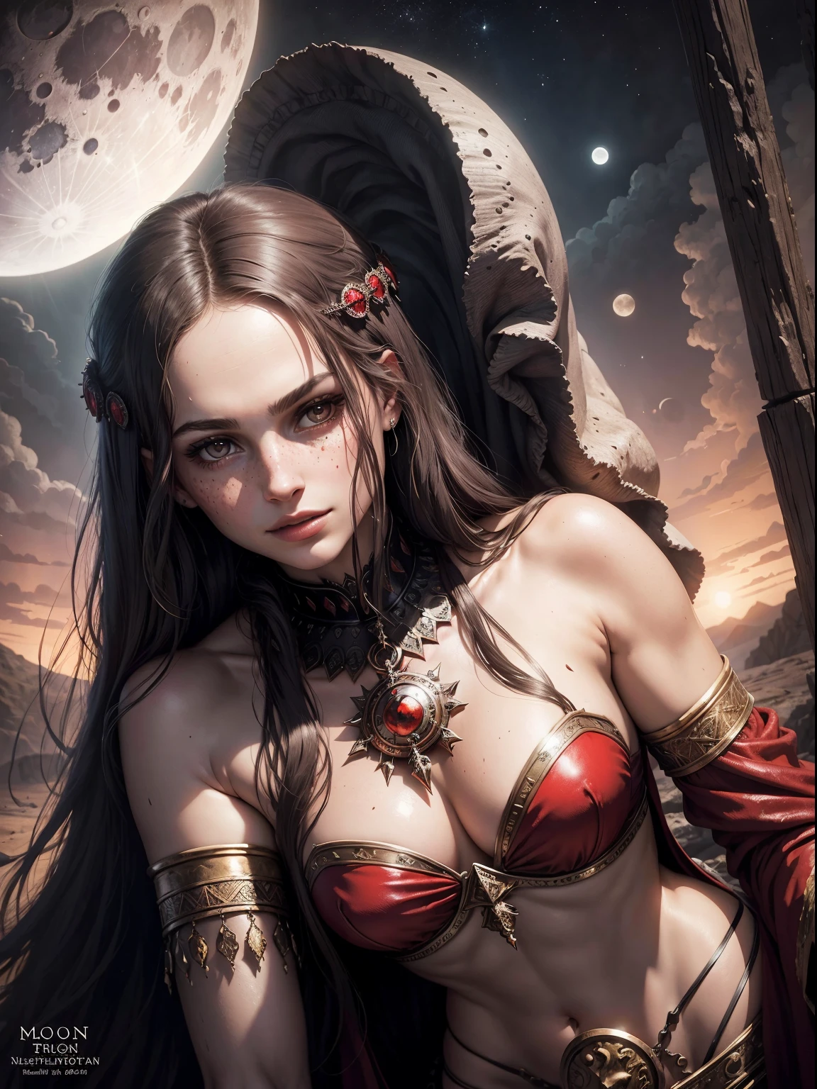 1970's dark fantasy heavy metal disc cover. natalie portman as a red priestess girl. gentle smile. (Moon night desolation). freckles. slender and beautiful. intricate detail