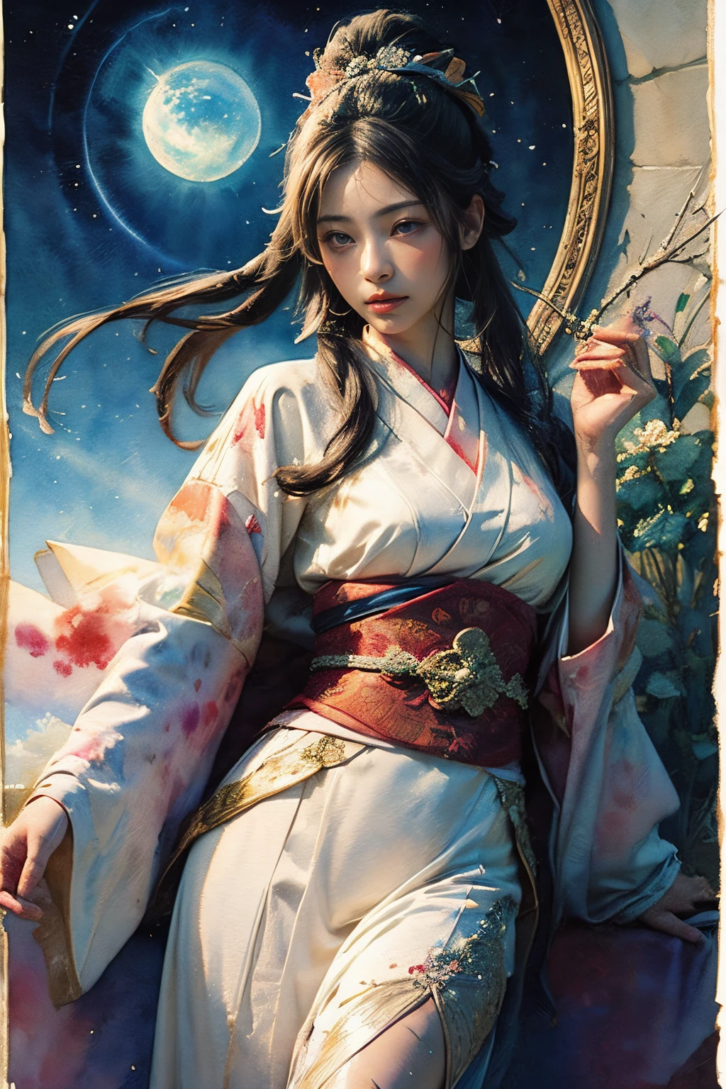 (masutepiece, of the highest quality, Best Quality, Official art, (Beautiful and aesthetic:1.4), (watercolor paiting:1.4) ), (izanami1.5), Goddess of Japan mythology, Dignified beauty, a goddess of creation、Goddess of Life、Komono、((((Komono))))、Support for samsara, God's Grace, Gentle and meditative expression, Flowing Celestial Garments, brilliance、created all the landscapes and worlds on earth, dazzling star dance, Whispers of ancient lore