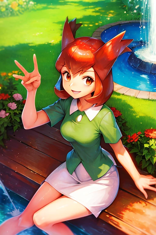 bianca (pokemon heroes), bianca outfit (pokemon heroes), anime, masterpiece, best illustration, 2d, high resolution, high quality, 1 girl, smile, sitting down, next to a fountain.
