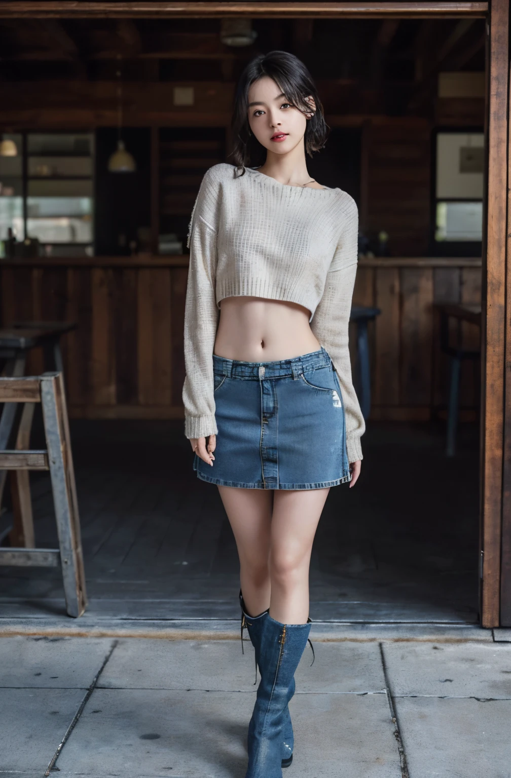 (masuter piece:1.3)、(8K、Photorealsitic、Raw photography、top-quality: 1.4)、(1girl in)、美丽的面容、(Lifelike face)、(A dark-haired、long)、
Beautiful hairstyle、realisticeyes、Beautiful details、(real looking skin)、Beautiful skins、absurderes、enticing、超A high resolution、A hyper-realistic、high-detail、the golden ratio、
((wide open abdomen))、((open abdomen))、((wide open navel))、((open navel))、((Mid-Riff Sweater))、((Ultra-low rise、Denim Mini Skirt))、((Bare belly))、
((Navel Ejection))、((small hips))、((Full body depiction))、((small hip))、(long boots)、((Ultra-low rise))、((Denim Mini Skirt))、((is standing))、((wide open abdomen))、((open abdomen))、((wide open navel))、((open navel))、((Mid-Riff Sweater))、((Ultra-low rise、Denim Mini Skirt))、((Bare belly))、
((Navel Ejection))、((small hips))、((Full body depiction))、((small hip))、(boots)、((Ultra-low rise))、((Denim Mini Skirt))、((is standing))、