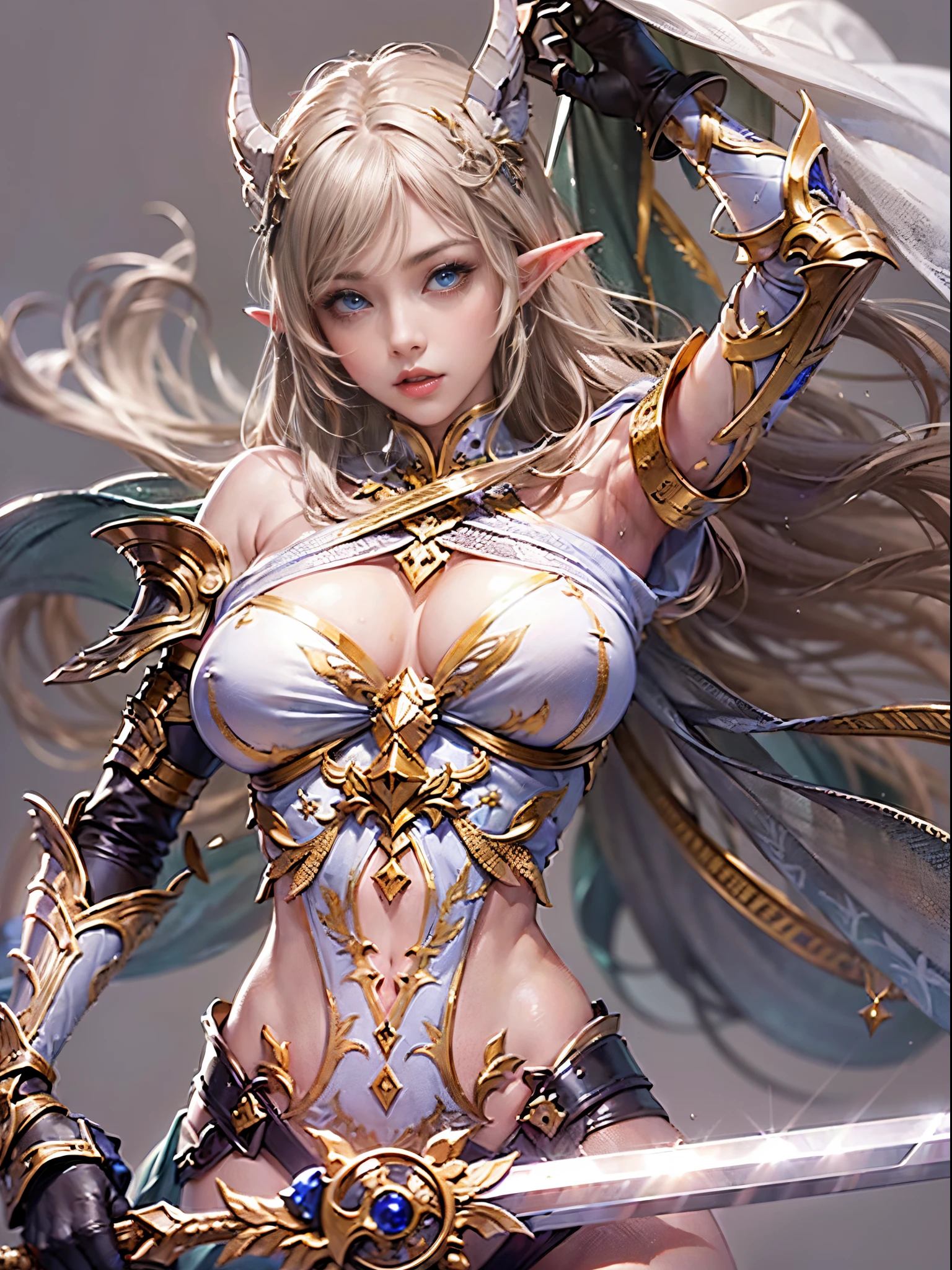 ((emperor of elves'Knights、beautiful woman wielding a sword))8K、An ultra-high picture quality、Ultra-realistic details、3d rendered、sharp gaze、Beautiful behavior、Toned body、large full breasts、Clothes with wide open chests、Shining sword、Detailed body、A detailed face、