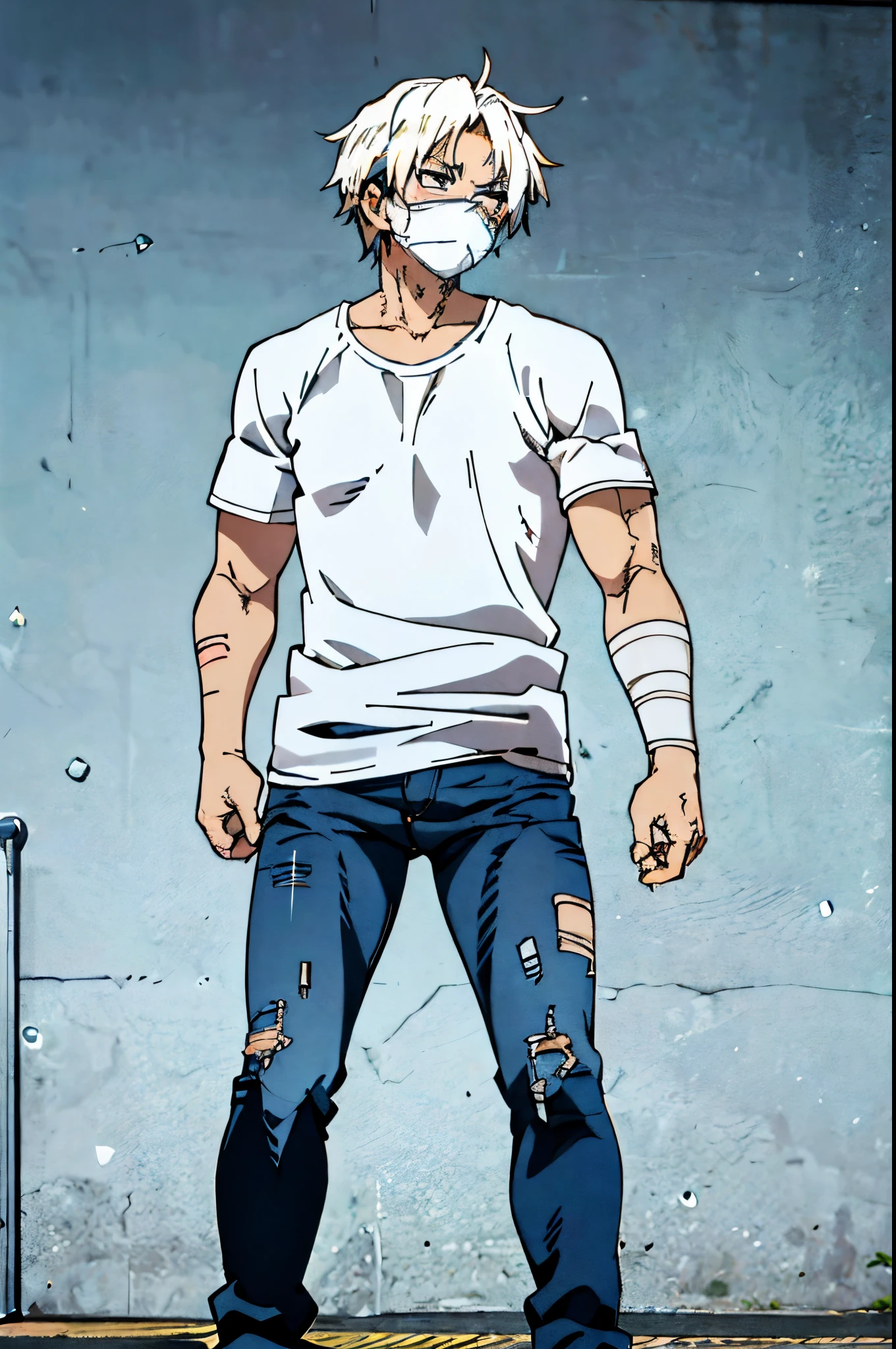 Strong muscles、Adult male、cool expression、Calm face、Full body like、damage jeans、Unhealthy face、ridges under the eyes,、white  hair、worn out shirt、Arm wounds、masks、The whole body seen from the front、Transparency、hightquality、Anime-ish、Natural standing、Precise drawing