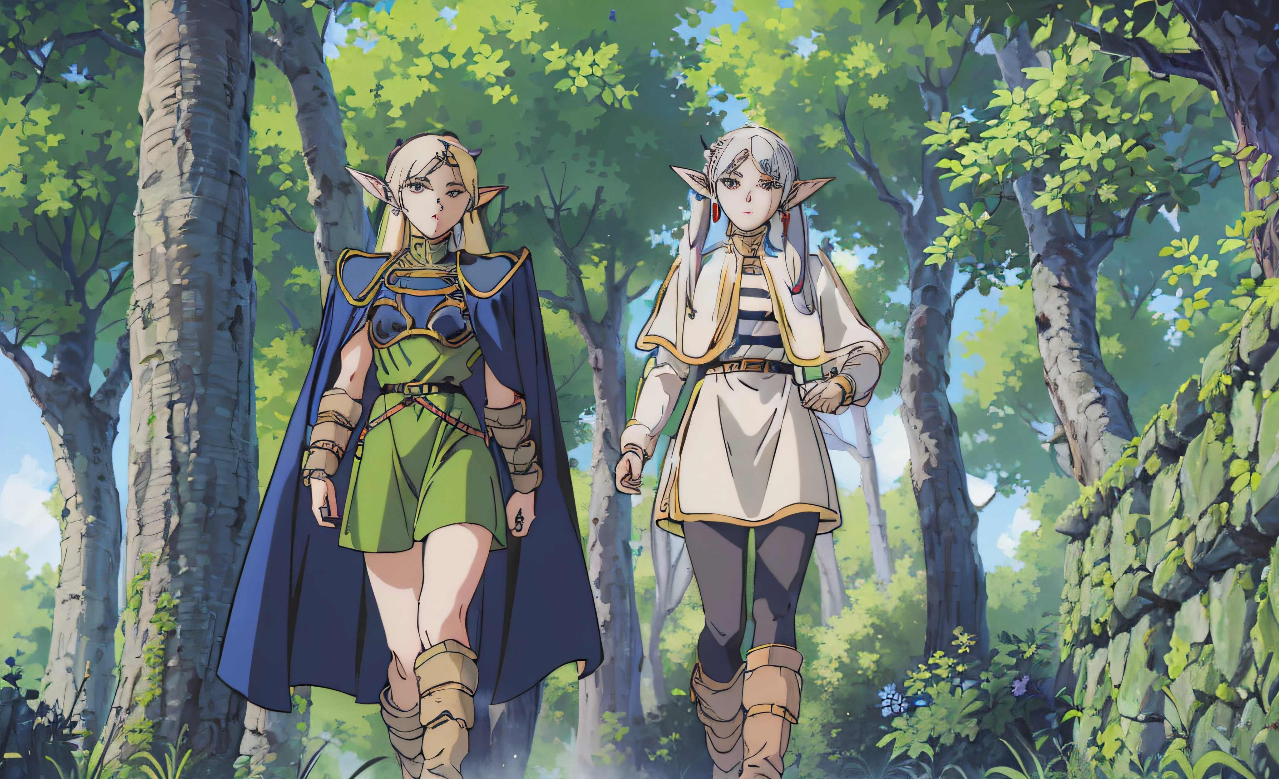 (frieren) and (deedlit) walking through the forest, (full body view), (frieren has twintais, white hair, green eyes, pointy ears, wears white capelet, striped shirt, long sleeves, belt, skirt, black pantyhose, boots, earrings), (deedlit has long yellow hair, green eyes, pointy ears, wears short green dress, short sleeves, tiara, dark blue breastplate armor, dark blue pauldrons, dark blue cape, belt, boots), ((masterpiece, best qualtiy, hdr))