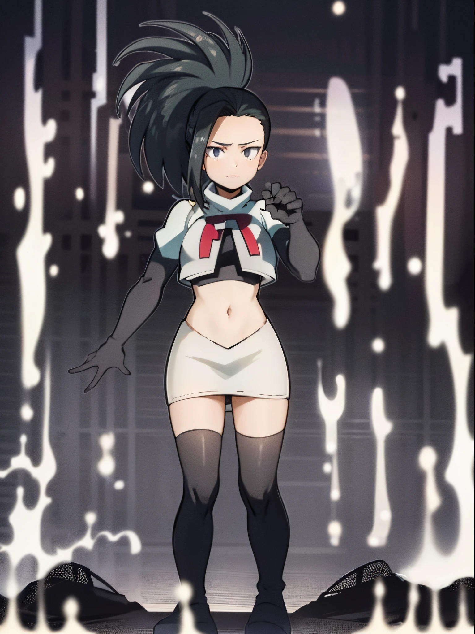 masterpiece, best quality, yaoyorozu momo, 1girl, black eyes, black hair, ponytail, long hair, hair pulled back,team rocket,team rocket uniform, red letter R, white skirt,white crop top,black thigh-highs,black elbow gloves