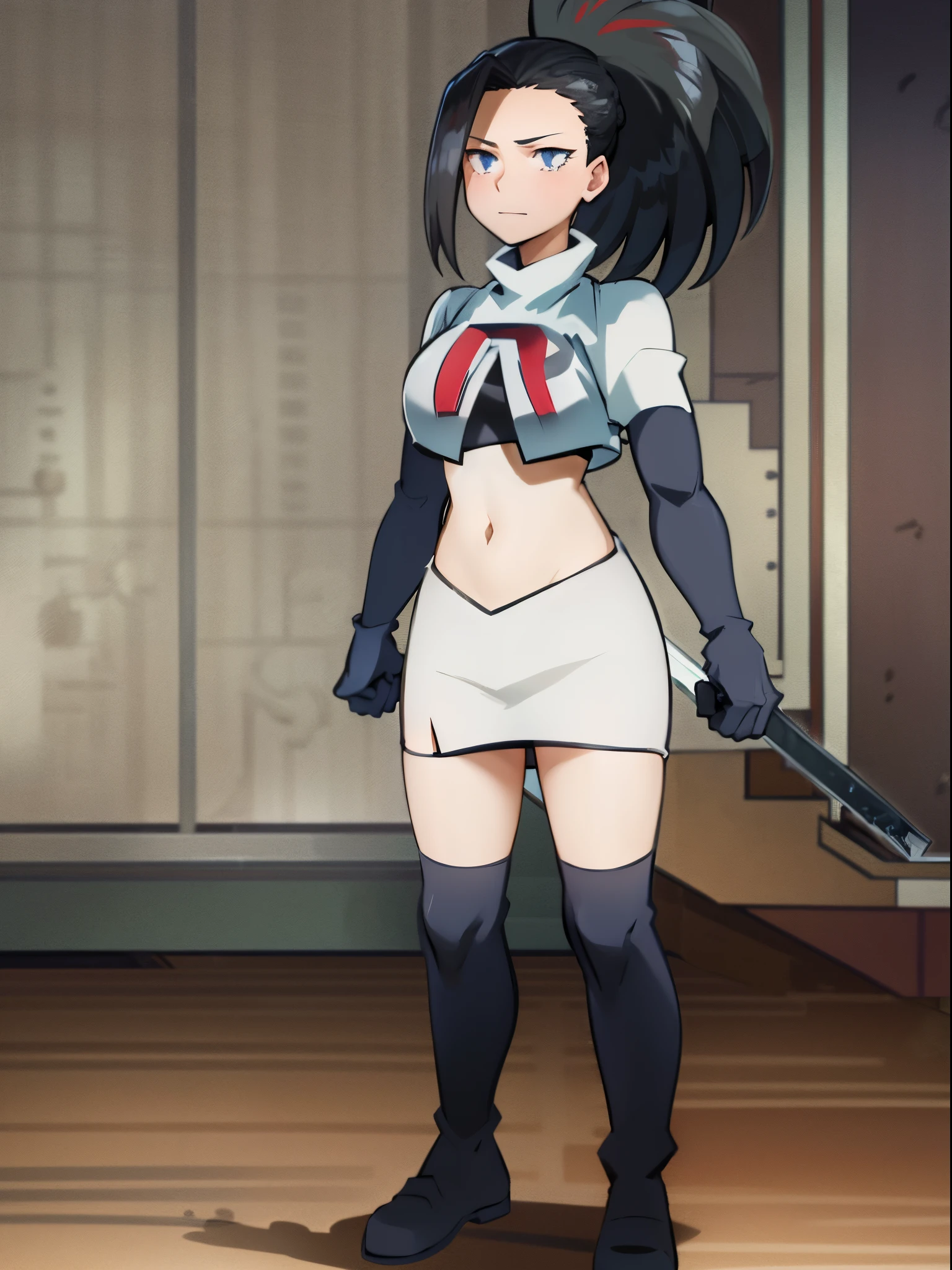 masterpiece, best quality, yaoyorozu momo, 1girl, black eyes, black hair, ponytail, long hair, hair pulled back,team rocket,team rocket uniform, red letter R, white skirt,white crop top,black thigh-highs,black elbow gloves