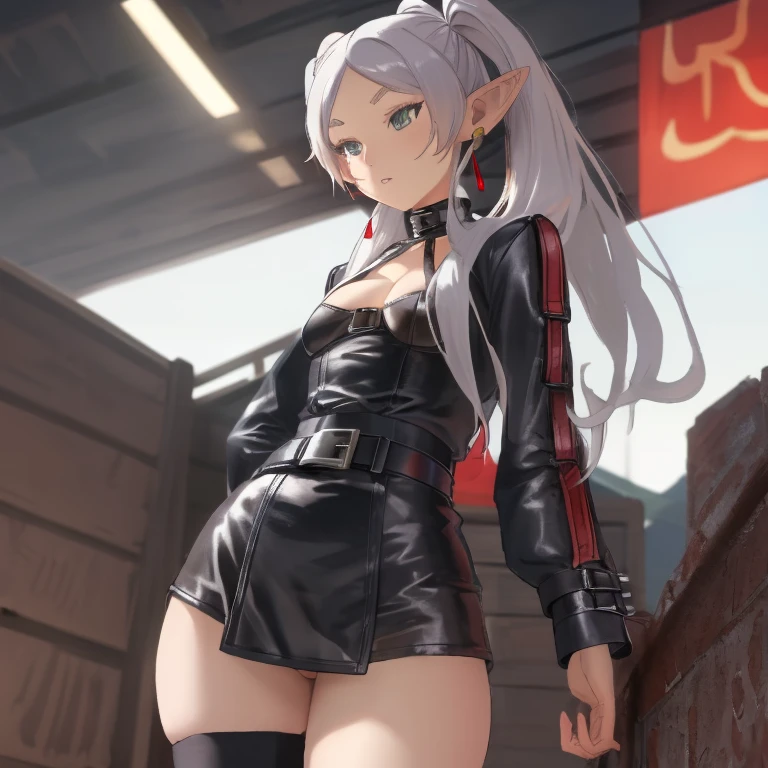 Frieren, twintails, earrings, small tits, thighs, BDSM, belts, leather strips