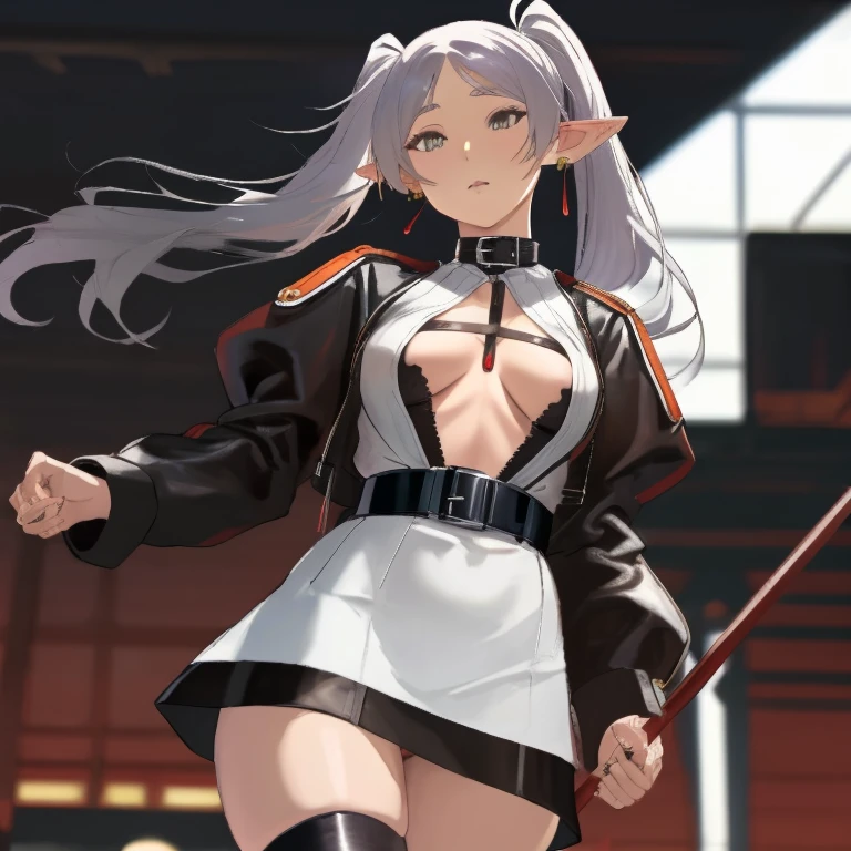 Frieren, twintails, earrings, small , thighs, , belts, leather strips