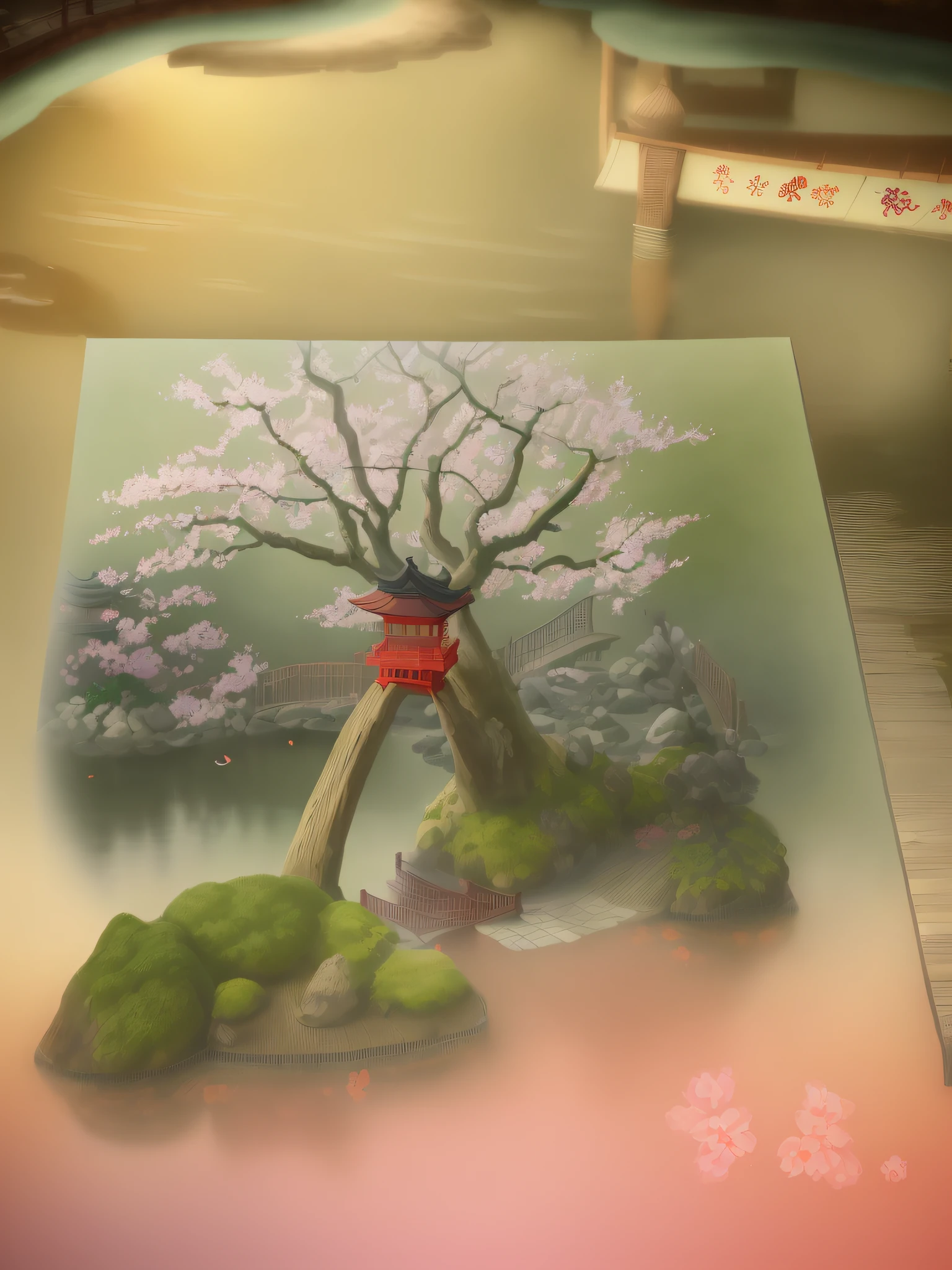 (digitial painting),(Best quality), Tranquil Japanese garden, Sakura blossoms, Koi pond, Footbridge, pagoda, Ukiyo-e art style, Hayao Miyazaki's inspiration, unusual pop art, 8K hyper-realism, Pastel color scheme, gentlesoftlighting, golden age, Peaceful atmosphere, across