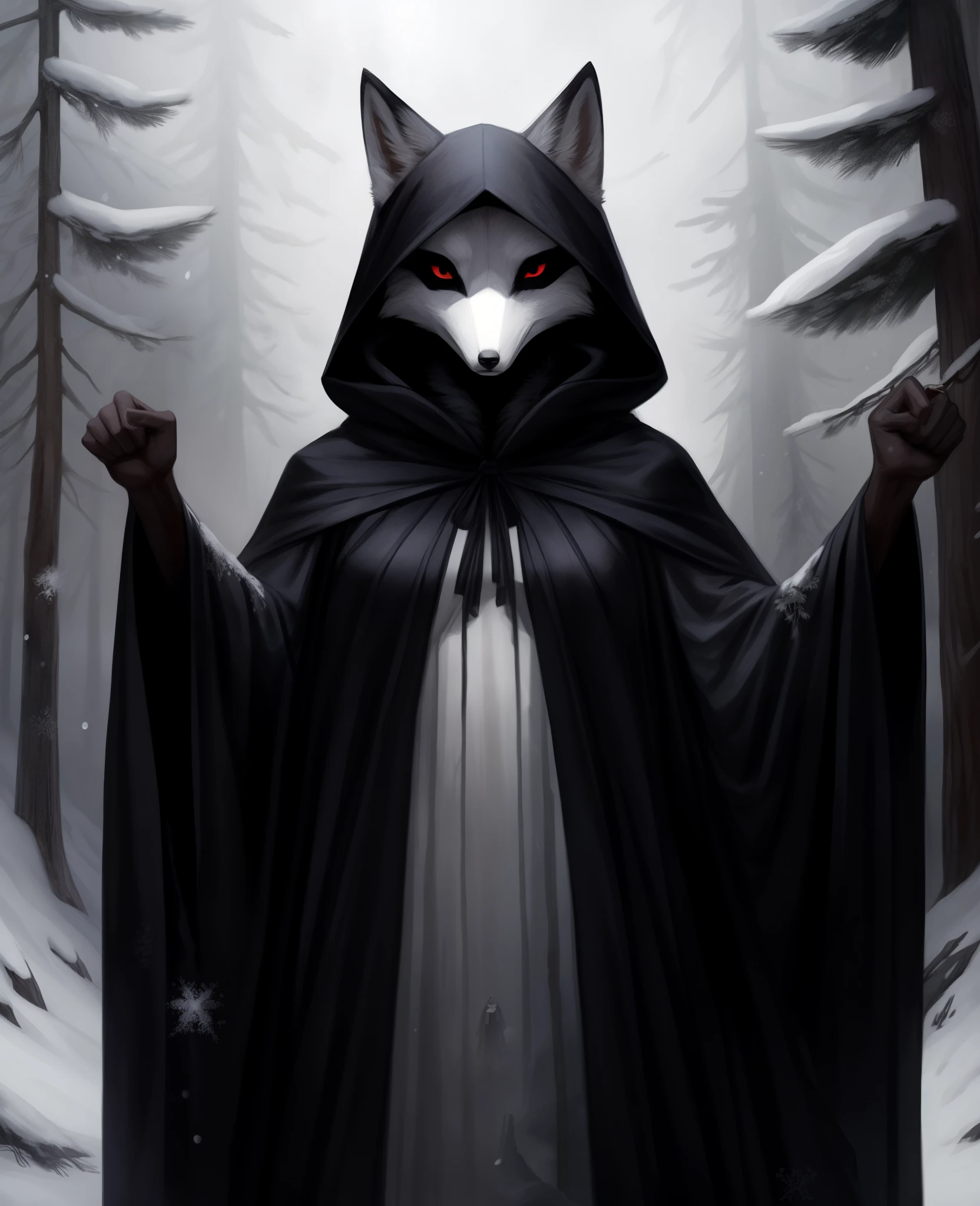 Hooded fox woman wearing a black cloak, cultists, white fox mask, dark forest, by bebebebebe, woman, female, solo, snowy forest, overcast, pointing to the right, looking at viewer