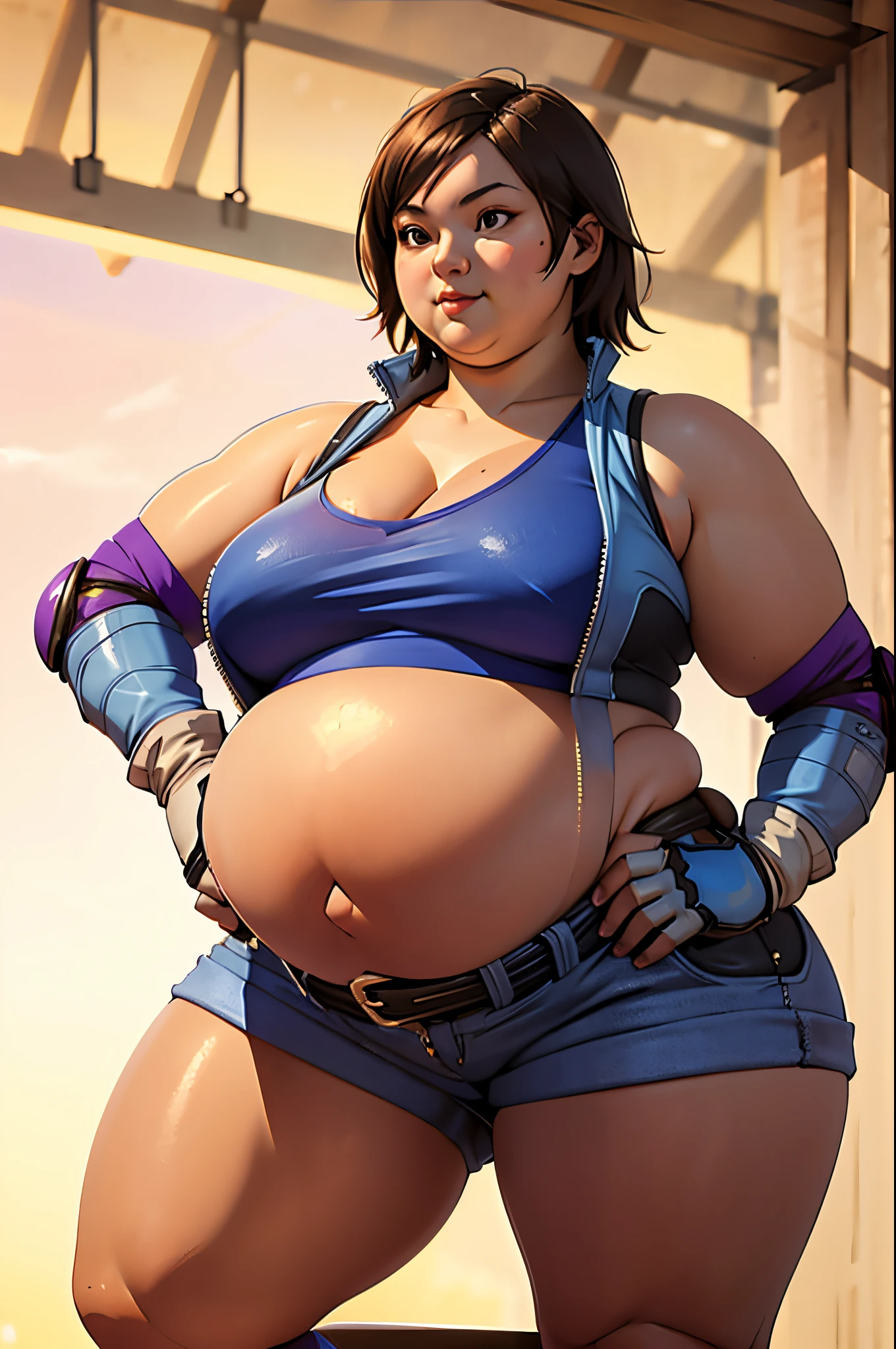 (masterpiece, best quality:1.2), cowboy shot, solo, 1girl, kazama asuka, muscular female, slight smile, looking at viewer, hand on hip, taut clothes, sports bra, crop top, shorts, (gloves:1.1), belt, elbow pads, midriff,(thicc:0.5),Rule_of_thirds, 1 girl, extremely obese, (obese belly):1.7, (obese legs):1.5, fat rolls, SSBBW Adeline body,(thicc:0.5), (WeightImmobile:1.3), (obese:1.2) (round face:1.3), huge belly, wide hips, from below, discoelysium, legs spread, muffin top, pudgy, Big Baby Bump pregnant, Big boobs, Big pregnant Belly, Big Pregnant girl, Largest Belly of Pregnant, Huge Pregnancy, Huge 9 months Pregnancy Belly, huge belly expansion, huge belly girl, morbid obesity,800lbs,enormous fat belly, rolls of fat, fat thighs, Massively Bloated Abdomen, ridiculously large spherical Belly, oversized spherical stomach, ridiculously oversized pregnant belly, huge stomach