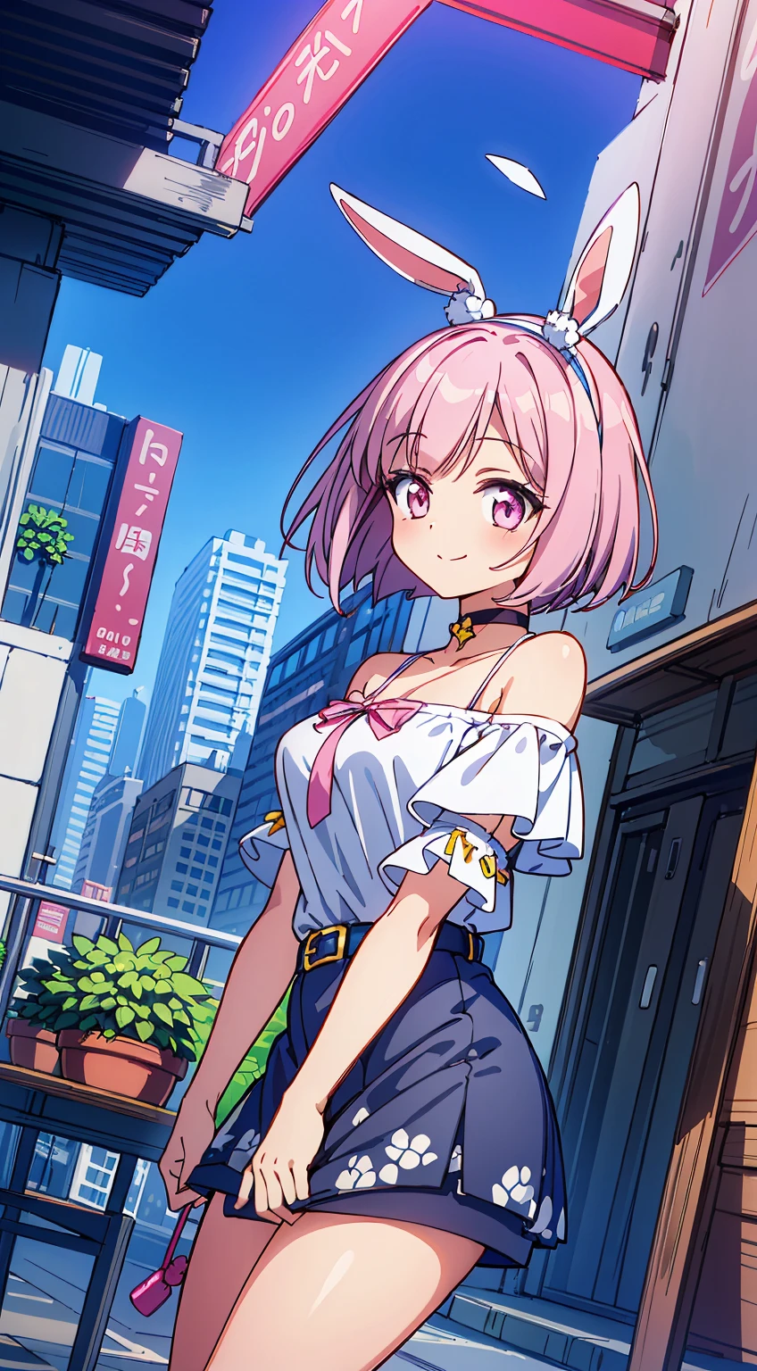(Absurd realistic structure details),(High resolution complex and detailed text quality),(High-resolution microstructure、High Poly 3D Rendering Correction),Methods of geometry,Careful explanatory anatomy,
BREAK,
1 beautiful girl, (17 years old girl), Very detailed, colourfull, highest details, 1 beautiful girl, Solo,(Cute:1.5),(Chibi:0.8), (kawaii:1.5),(Lori:0.5),(girl, Cute, Cheerful, Loli face, slightly bulging chest),(A dark-haired,Disheveled short bob,tareme,Pink eyes:1.55),(sano,A smile,Bad face:1.2), (White rabbit ear headband:1.2),Shiny skin,Clear skin, Beautiful skin,(best quality face),(Top quality glowing eyes), (The best smile,Doya face:1.45), BREAK (Pink Theme:1.4), (Vivid colors:1.3), (off shoulder shirt, White shirt, Puffy Short Sleeves:1.3), Belt bag,(Skirt, with floral pattern:1.2),tie,(lace-up boots:1.1),
BREAK,(early evening),Walking,a closed mouth,(architecture, building, Choker, city, Cityscape, Outdoors, potted plant,Street, Town:1.55), Waterfall,depth of fields,
BREAK,wakame,wakame,wakame,(Dynamic Angle:1.4),
BREAK,(Blurry background:1.3),(absurderes, hight resolution, Super Detail Art),cel shading,Clear Color, Lonely optical effect, Beautiful pictures, Bright glow, mystic atmosphere,(Close-up of girl:1.1), Mystical light particle effect,manga influence, clean line drawings,
