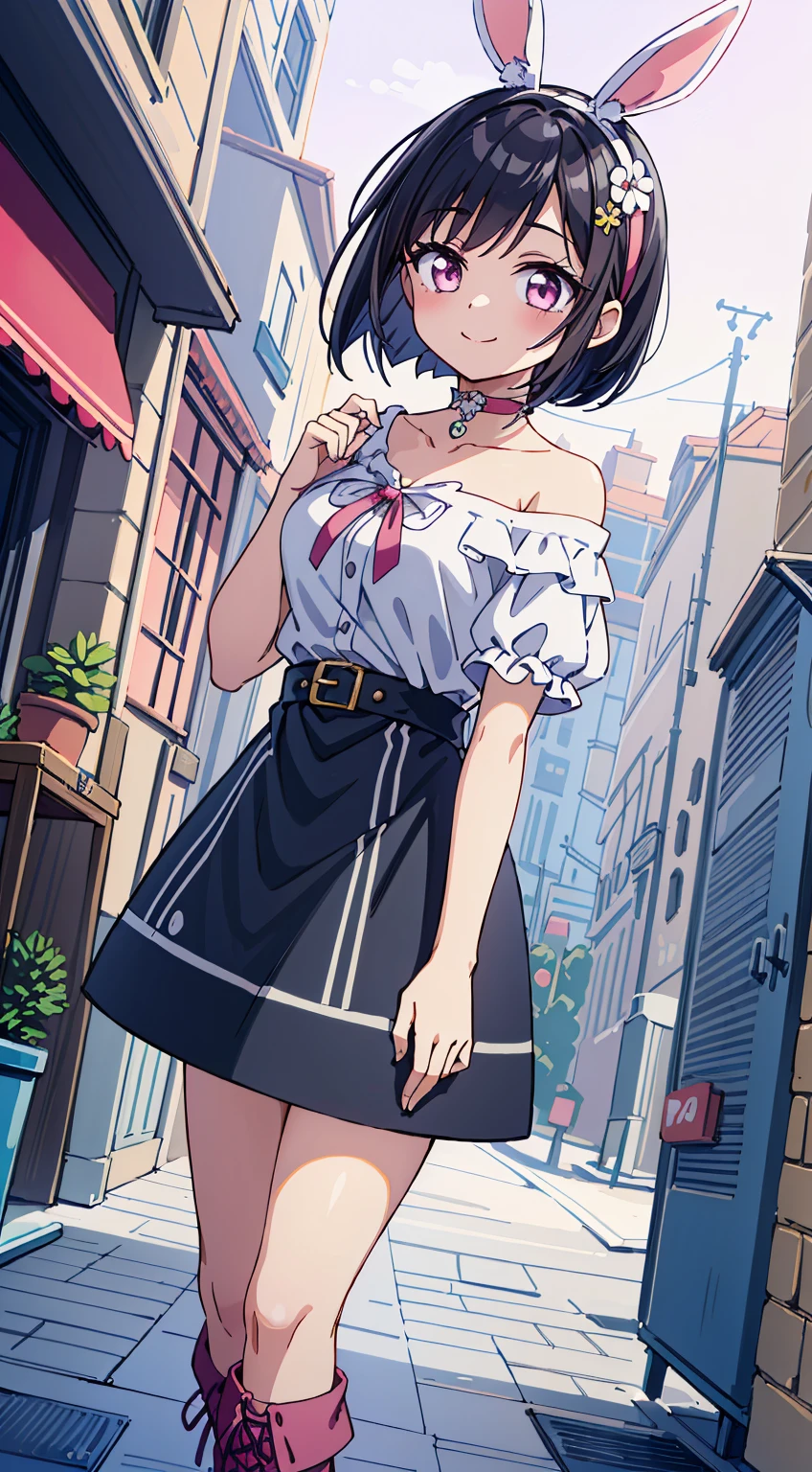 (Absurd realistic structure details),(High resolution complex and detailed text quality),(High-resolution microstructure、High Poly 3D Rendering Correction),Methods of geometry,Careful explanatory anatomy,
BREAK,
1 beautiful girl, (17 years old girl), Very detailed, colourfull, highest details, 1 beautiful girl, Solo,(Cute:1.5),(Chibi:0.8), (kawaii:1.5),(Lori:0.5),(girl, Cute, Cheerful, Loli face, slightly bulging chest),(A dark-haired,Disheveled short bob,tareme,Pink eyes:1.55),(sano,A smile,Bad face:1.2), (White rabbit ear headband:1.2),Shiny skin,Clear skin, Beautiful skin,(best quality face),(Top quality glowing eyes), (The best smile,Doya face:1.45), BREAK (Pink Theme:1.4), (Vivid colors:1.3), (off shoulder shirt, White shirt, Puffy Short Sleeves:1.3), Belt bag,(Skirt, with floral pattern:1.2),tie,(lace-up boots:1.1),
BREAK,(early evening),Walking,a closed mouth,(architecture, building, Choker, city, Cityscape, Outdoors, potted plant,Street, Town:1.55), Waterfall,depth of fields,
BREAK,wakame,wakame,wakame,(Dynamic Angle:1.4),
BREAK,(Blurry background:1.3),(absurderes, hight resolution, Super Detail Art),cel shading,Clear Color, Lonely optical effect, Beautiful pictures, Bright glow, mystic atmosphere,(Close-up of girl:1.1), Mystical light particle effect,manga influence, clean line drawings,