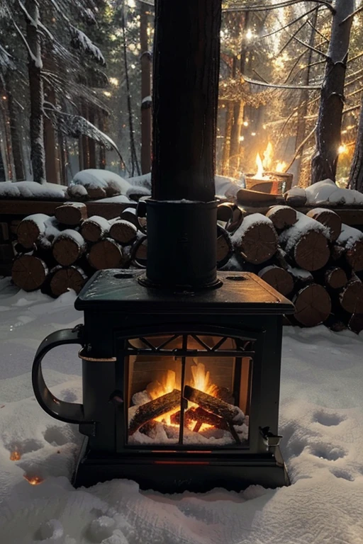(winter, cozy fire place, small home in middle of forest, hot chocolate, snow-covered trees, peaceful atmosphere, warm blankets, flickering flames, crackling fire sounds, steaming mugs, soft glow of firelight, comfort, serenity)